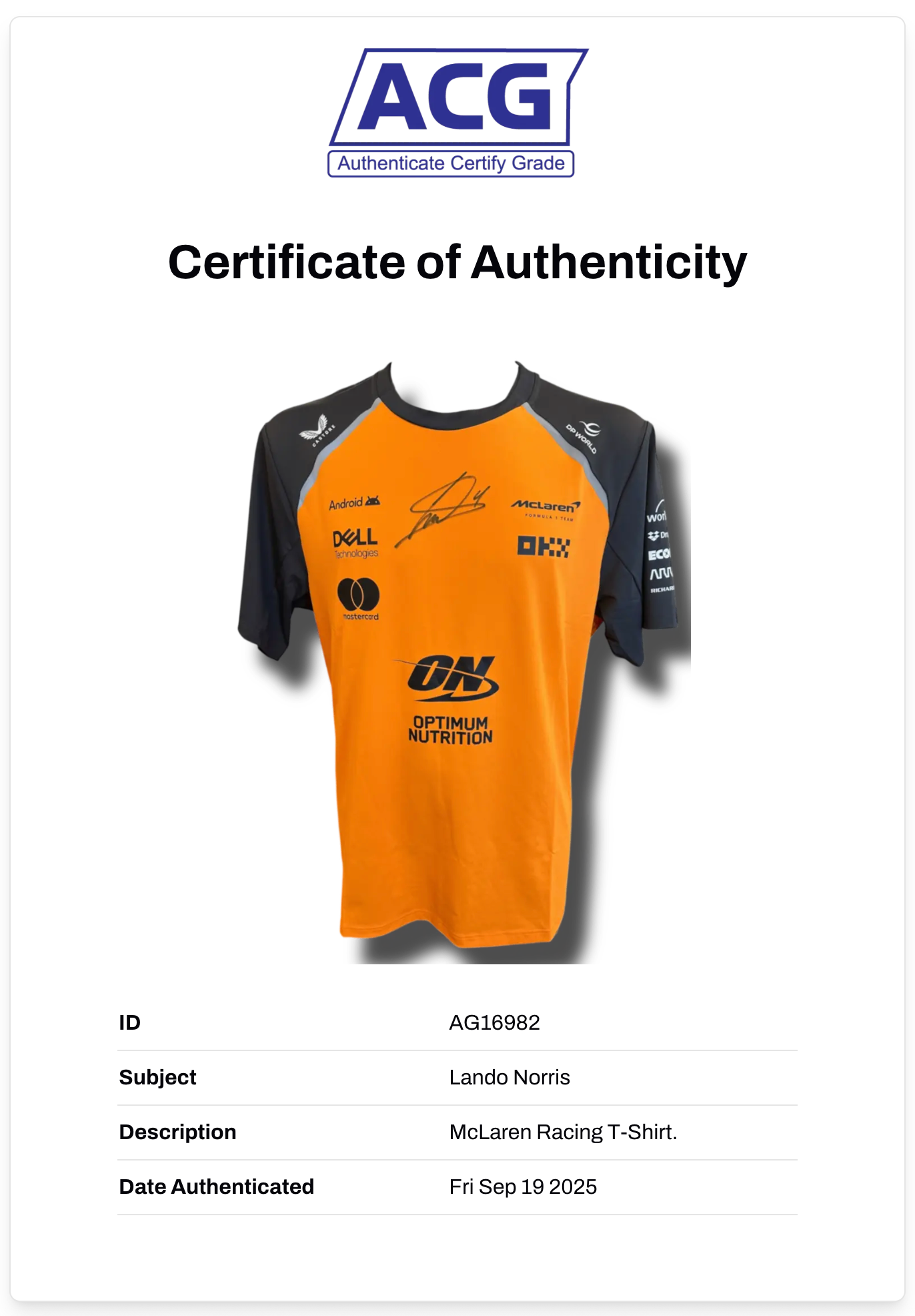 LANDO NORRIS SIGNED MCLAREN CASTORE FORMULA 1 T-SHIRT (ACG CERT AG16982)