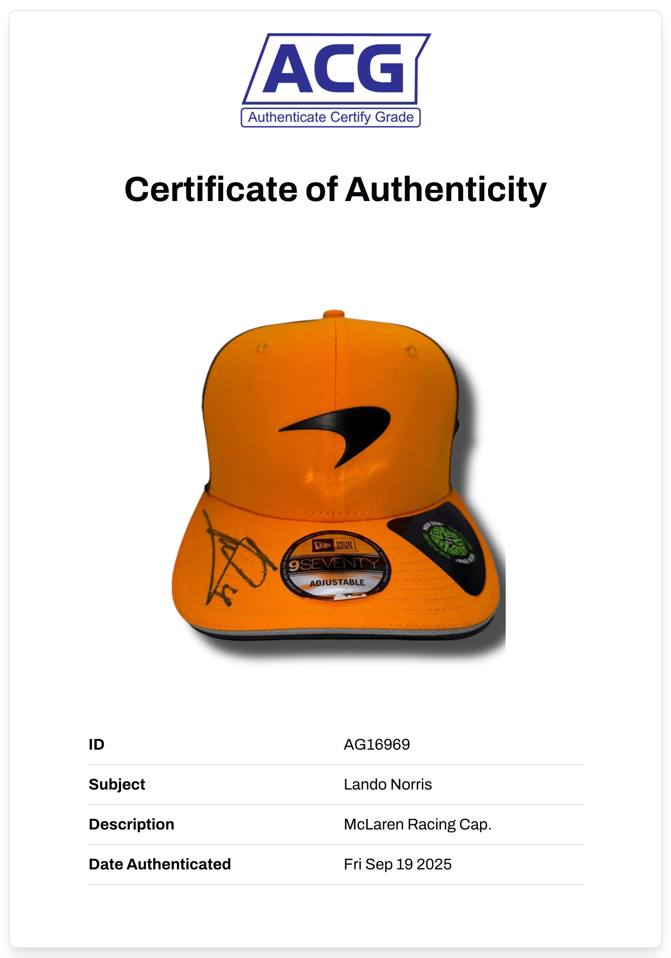 LANDO NORRIS SIGNED MCLAREN CASTORE 2024 FORMULA 1 CAP (ACG CERT AG16969)