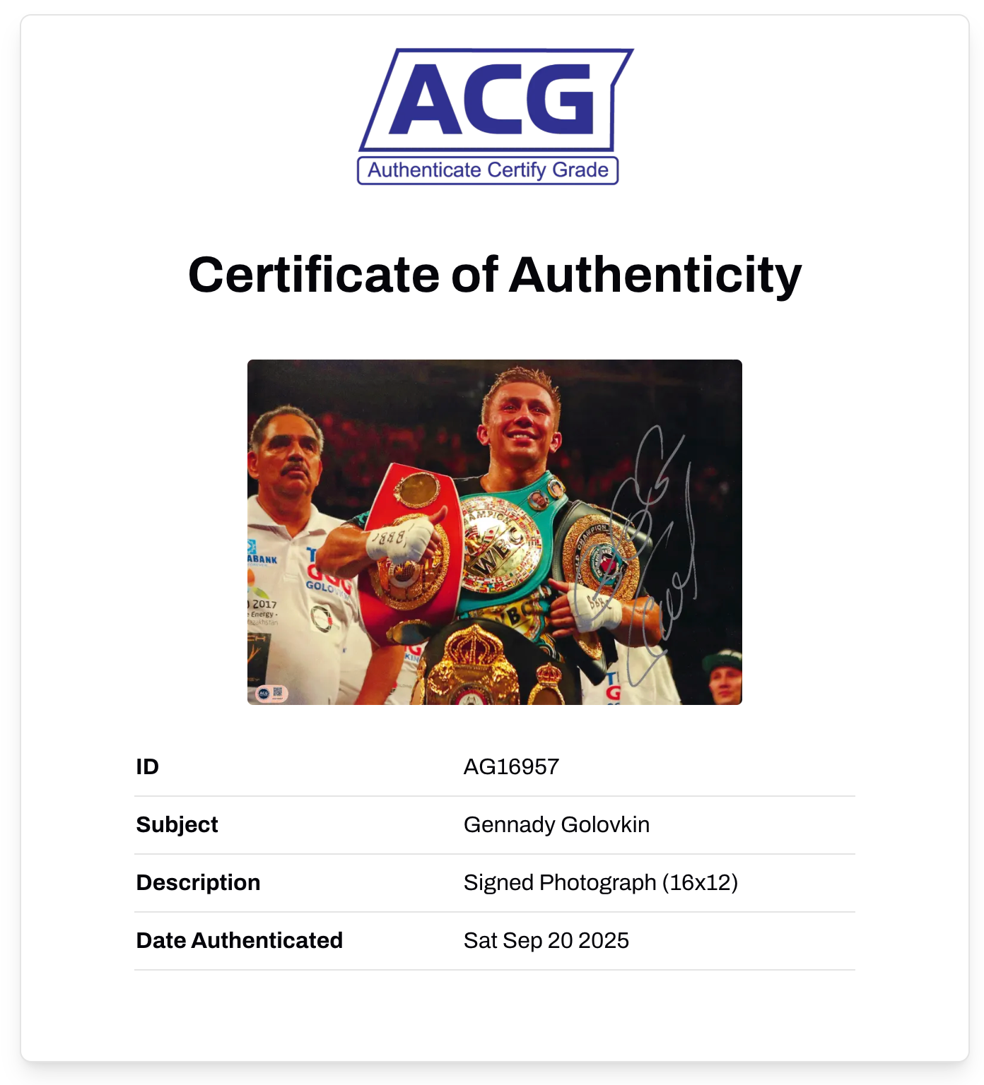 GENNADY GOLOVKIN SIGNED 16x12 BOXING CHAMPION PHOTO (ACG CERT AG16957)