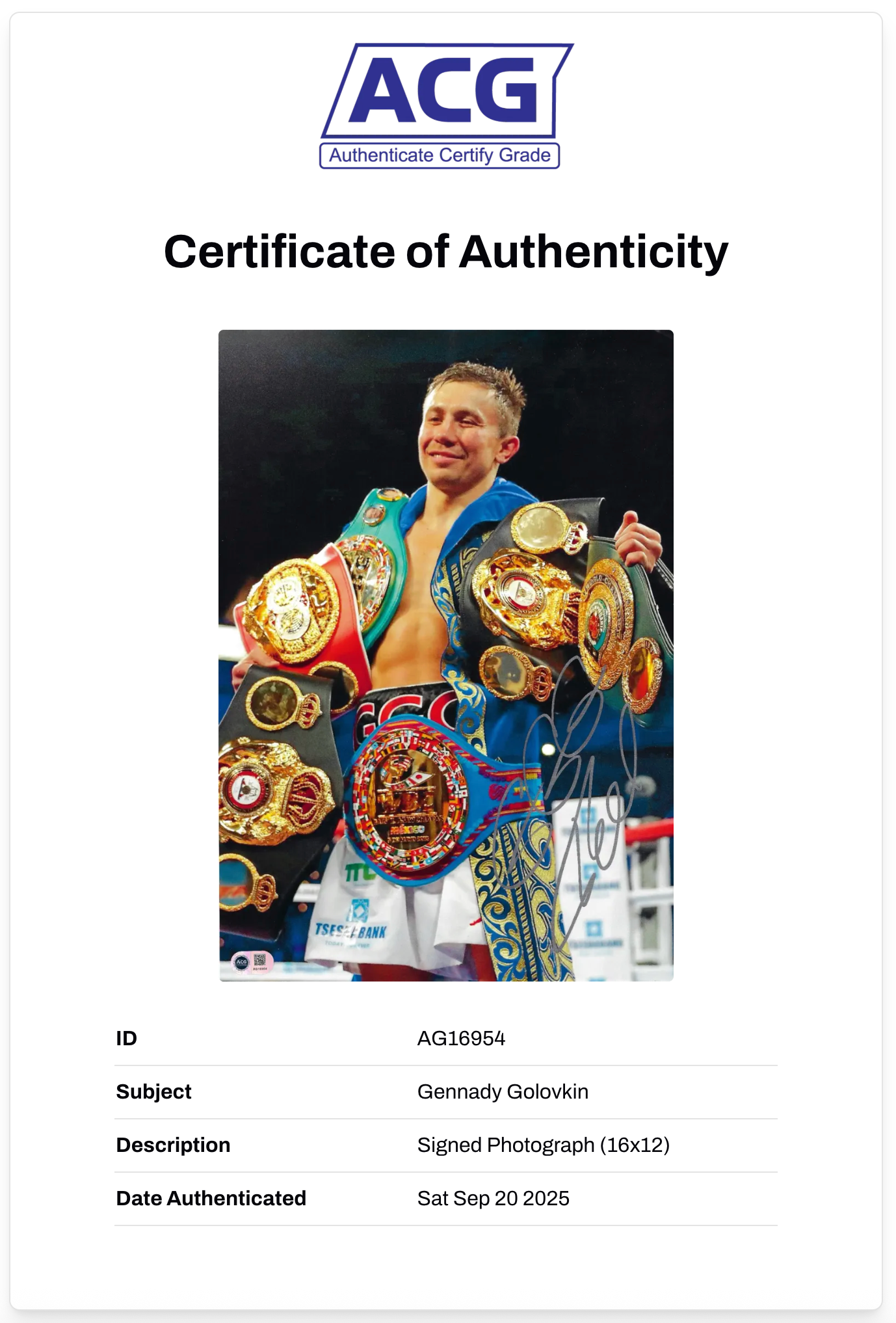 GENNADY GOLOVKIN SIGNED 16x12 BOXING CHAMPION PHOTO (ACG CERT AG16954)