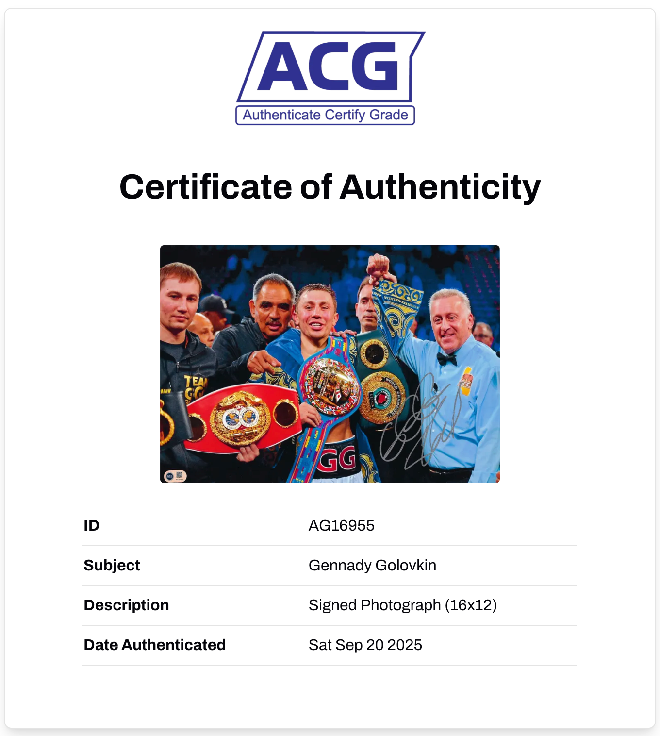 GENNADY GOLOVKIN SIGNED 16x12 BOXING CHAMPION PHOTO (ACG CERT AG16955)