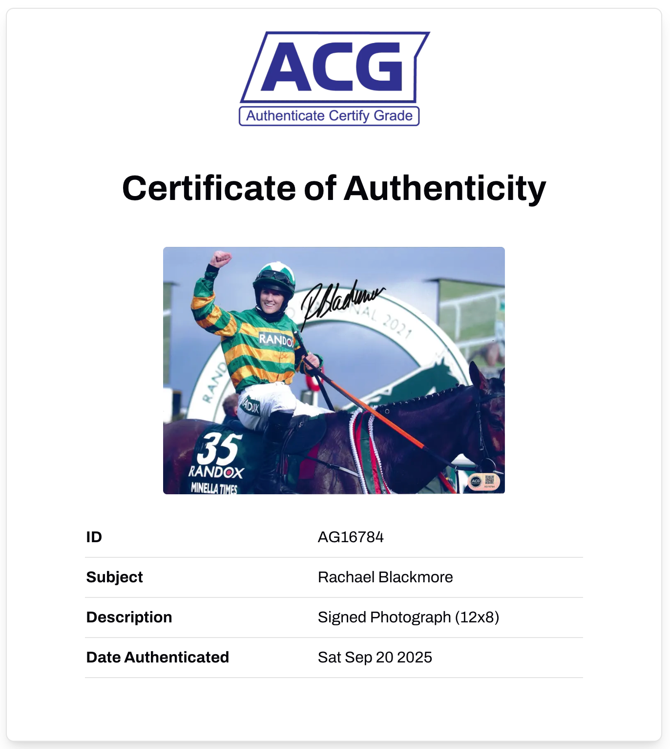 RACHAEL BLACKMORE SIGNED GRAND NATIONAL 12X8 PHOTO (ACG CERT AG16784)
