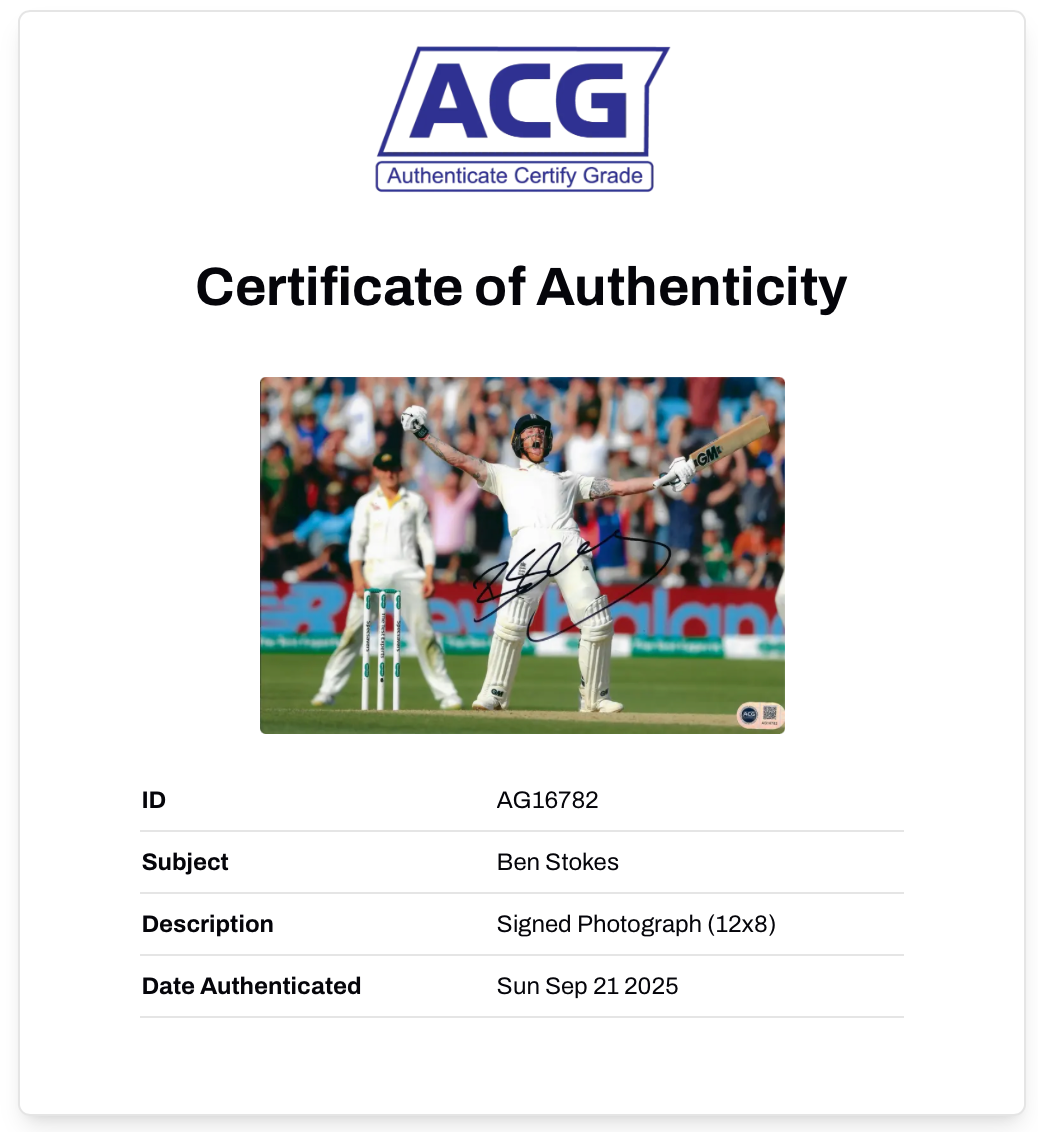 BEN STOKES SIGNED 12x8 ENGLAND ASHES HEADINGLEY PHOTO (ACG CERT AG16782)