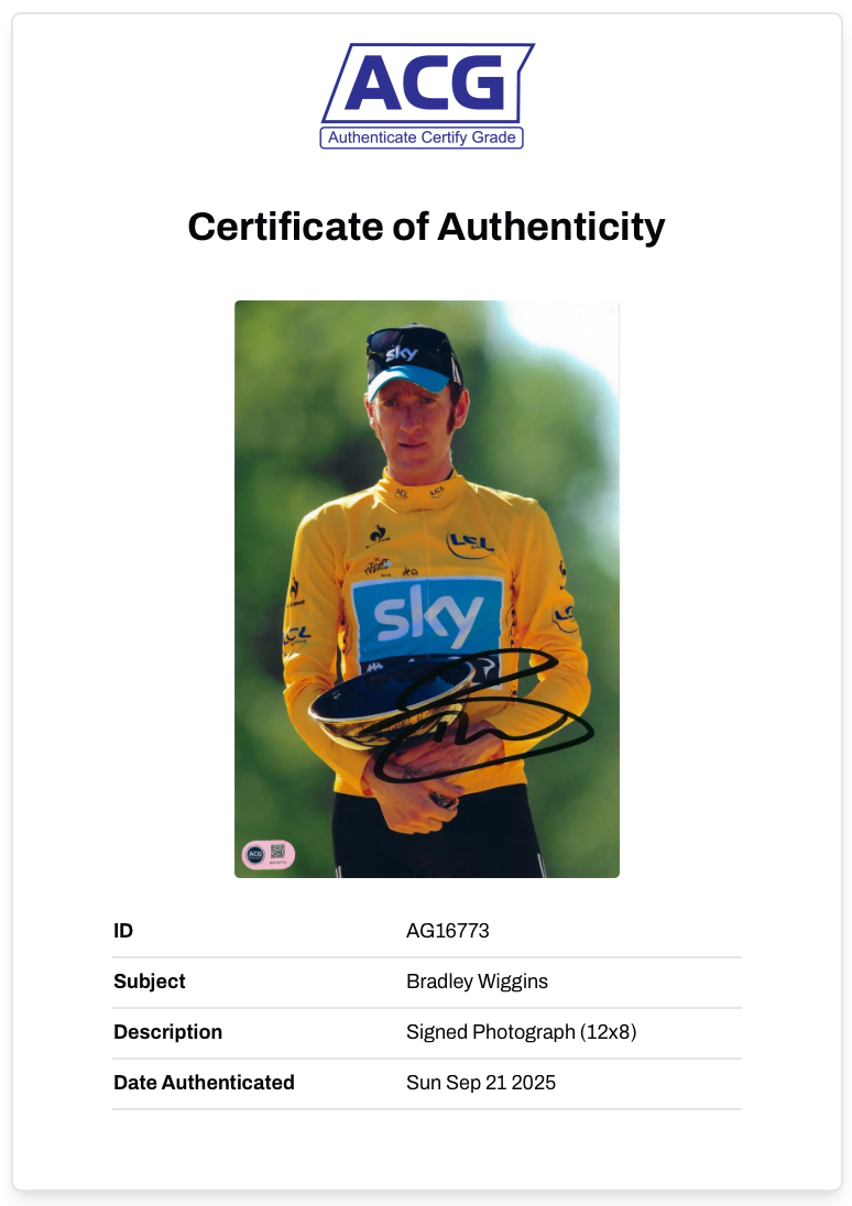 BRADLEY WIGGINS SIGNED 12x8 TOUR DE FRANCE WIN PHOTO (ACG CERT AG16773)