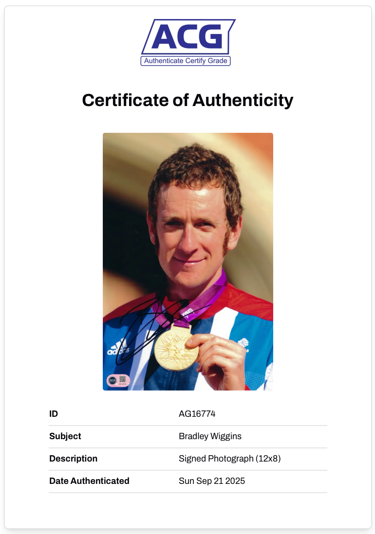BRADLEY WIGGINS SIGNED 12x8 OLYMPIC GOLD WIN PHOTO (ACG CERT AG16774)