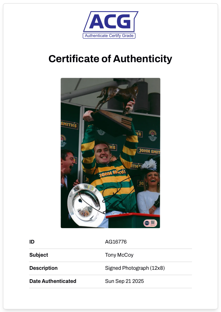 TONY AP MCCOY SIGNED GRAND NATIONAL WINNER 12X8 PHOTO (ACG CERT AG16776)