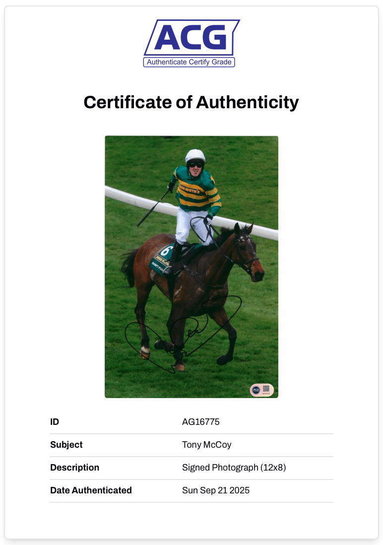 TONY AP MCCOY SIGNED GRAND NATIONAL WINNER 12X8 PHOTO (ACG CERT AG16775)