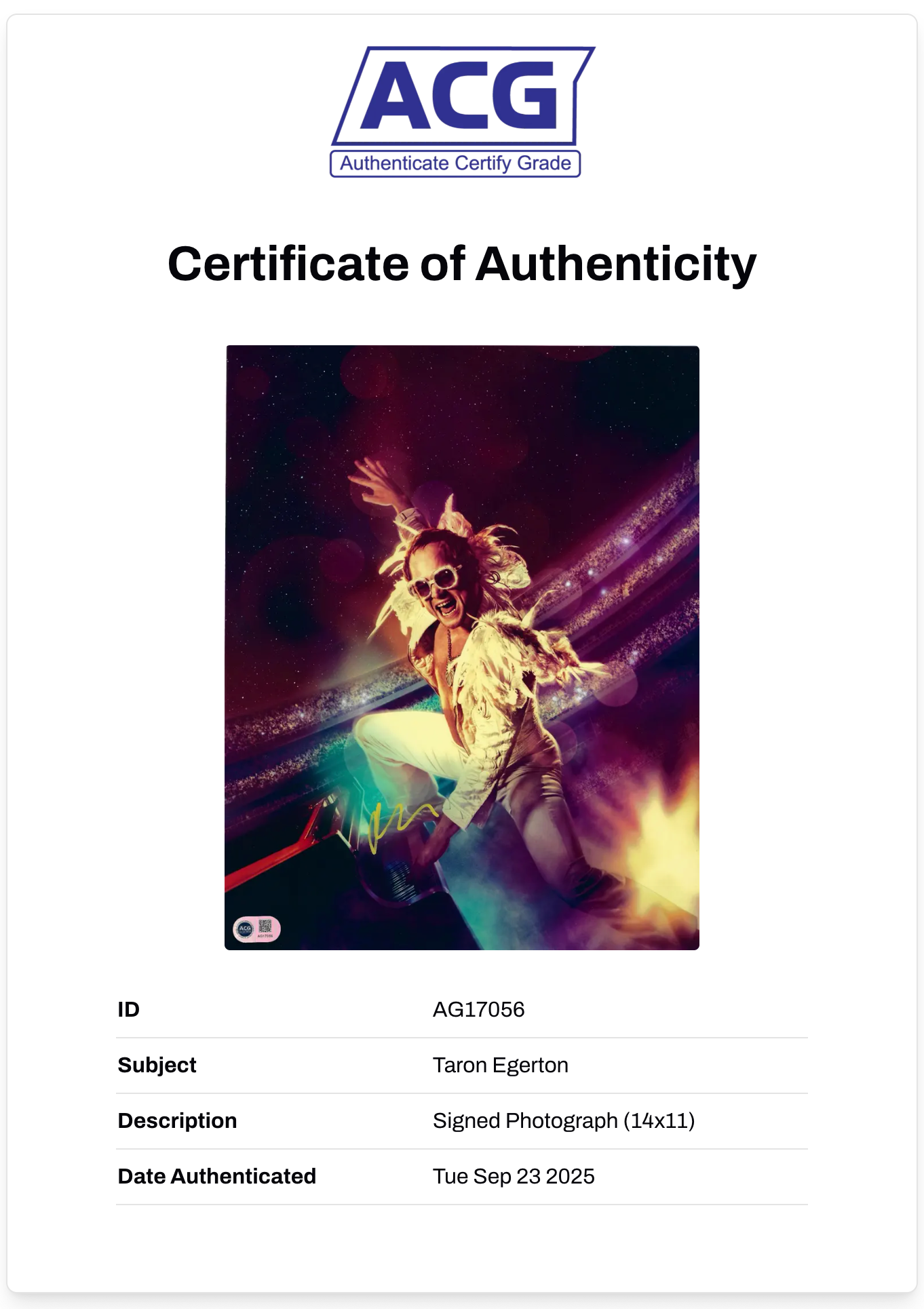 TARON EGERTON SIGNED ROCKETMAN ELTON JOHN 14x11 PHOTO (ACG CERT AG17056)