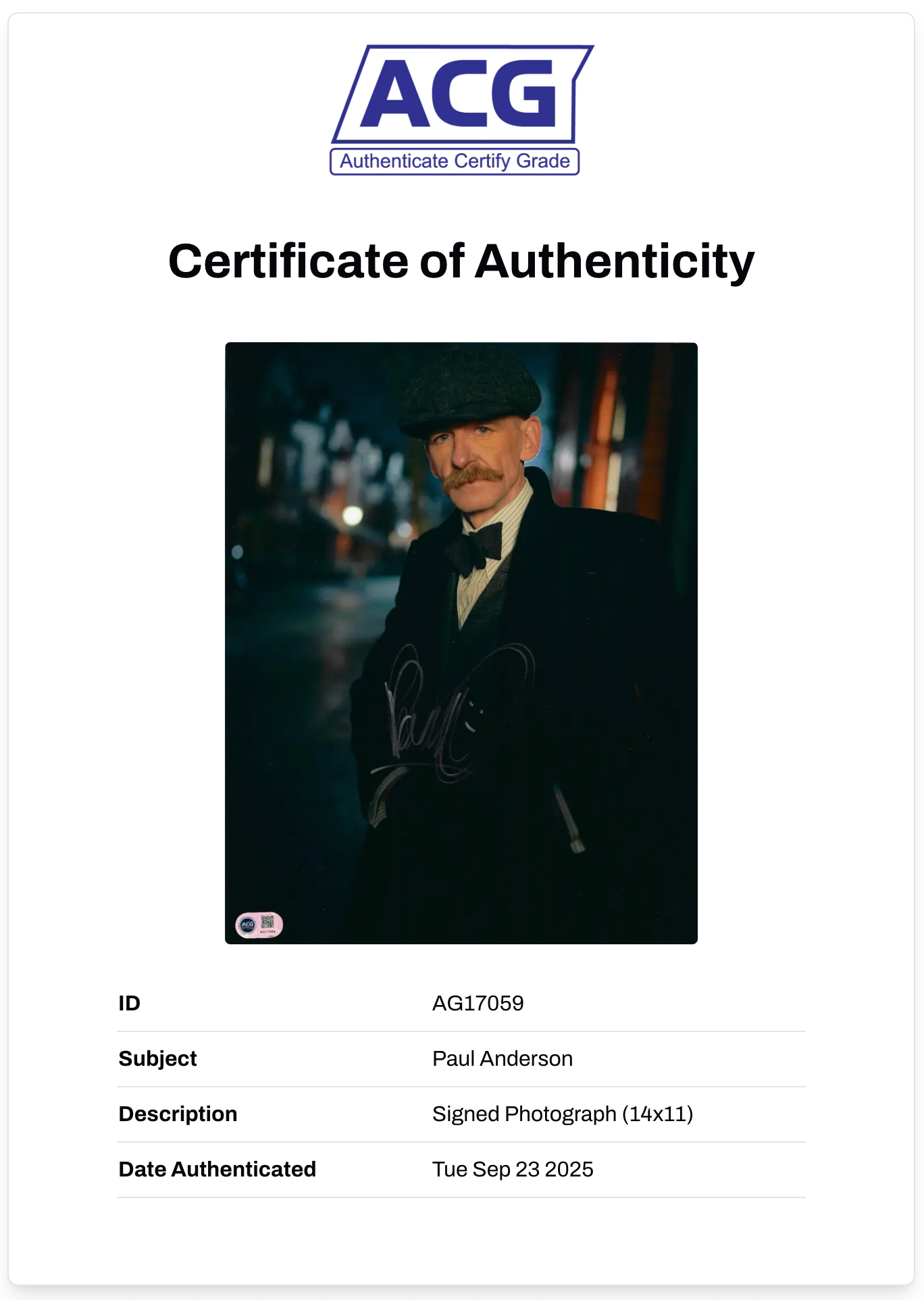 PAUL ANDERSON ARTHUR SHELBY SIGNED 14x11 PEAKY BLINDERS PHOTO (ACG CERT AG17059)
