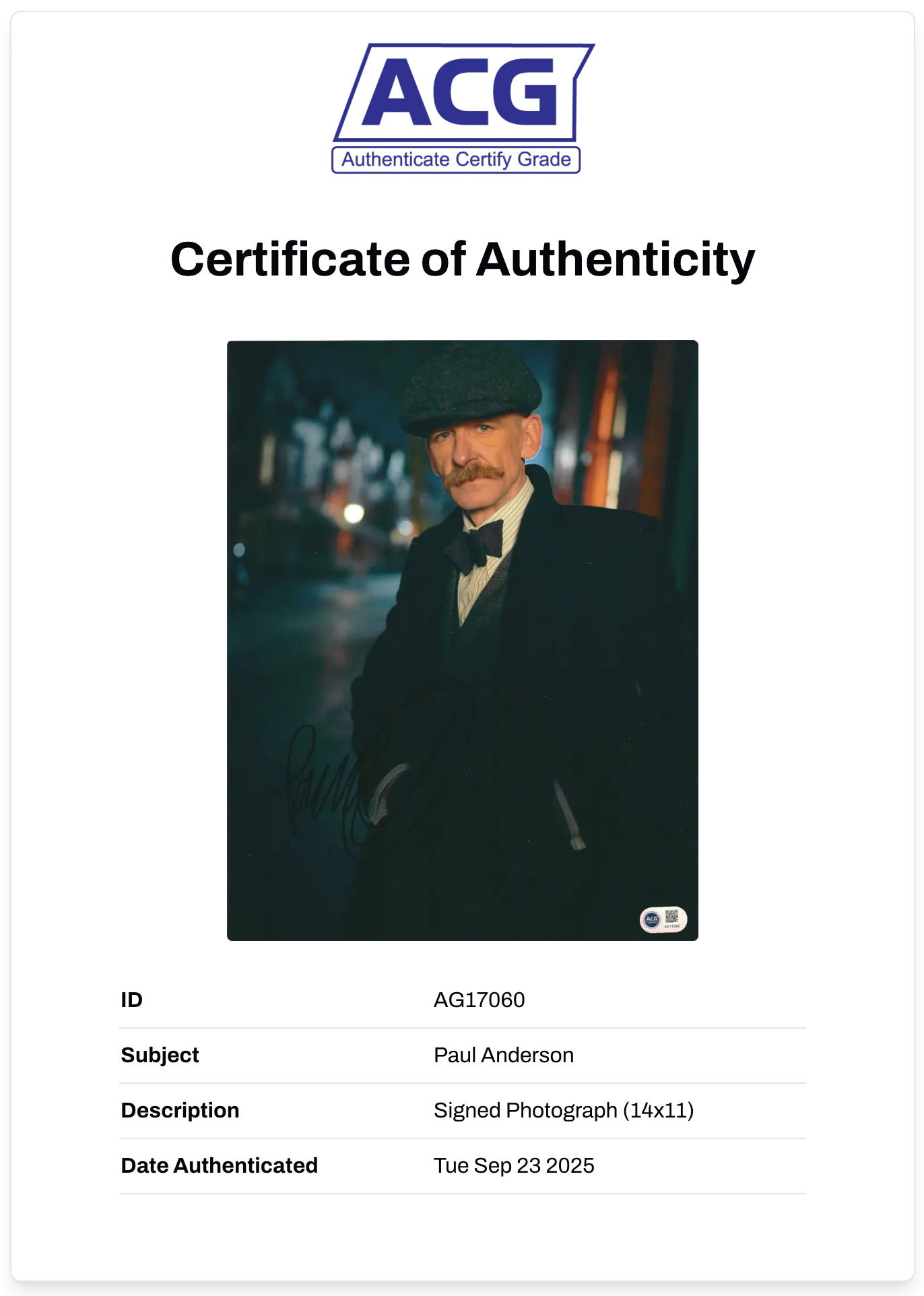 PAUL ANDERSON ARTHUR SHELBY SIGNED 14x11 PEAKY BLINDERS PHOTO (ACG CERT AG17060)