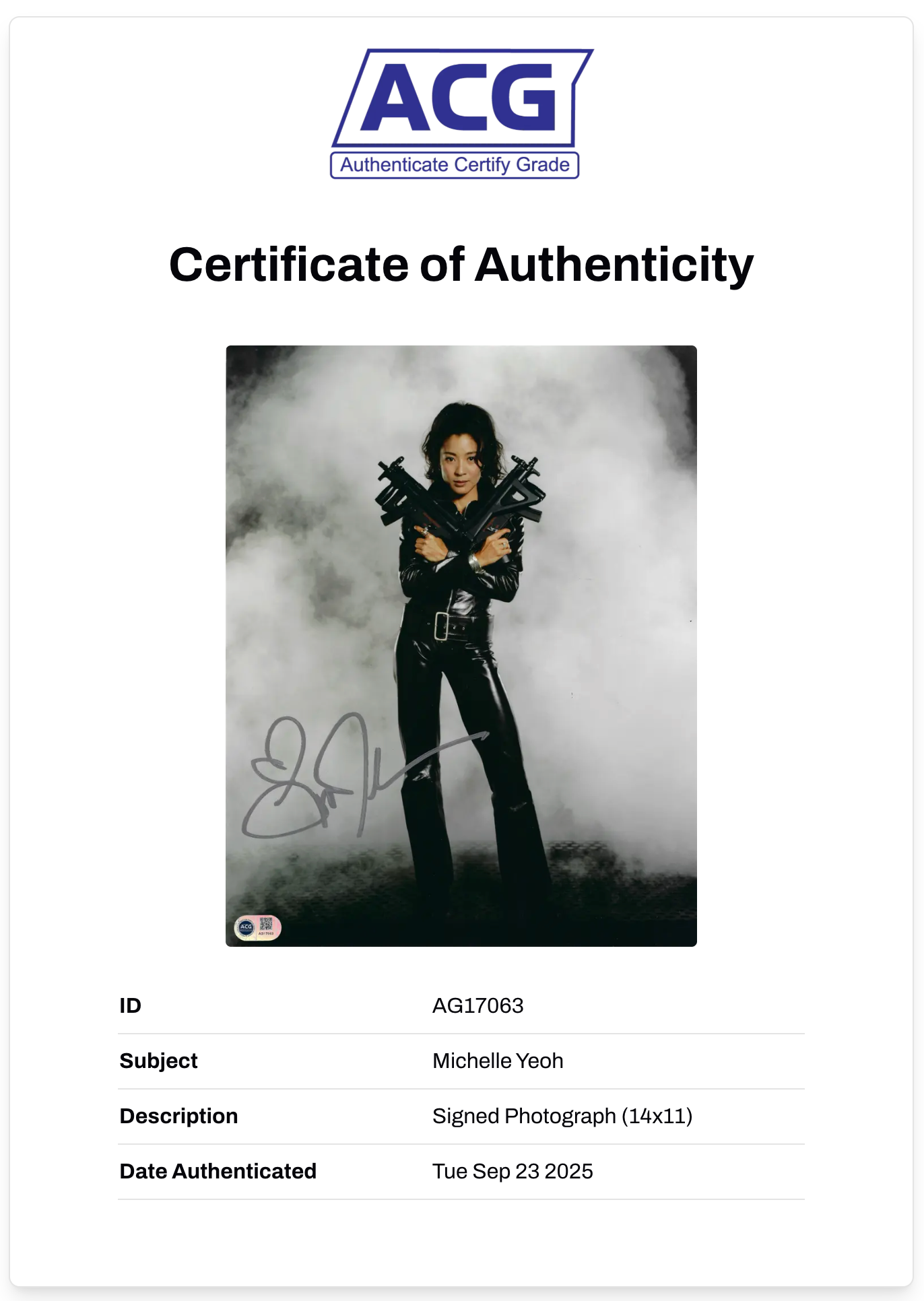 MICHELLE YEOH SIGNED BOND TOMORROW NEVER DIES 14x11 PHOTO (ACG CERT AG17063)