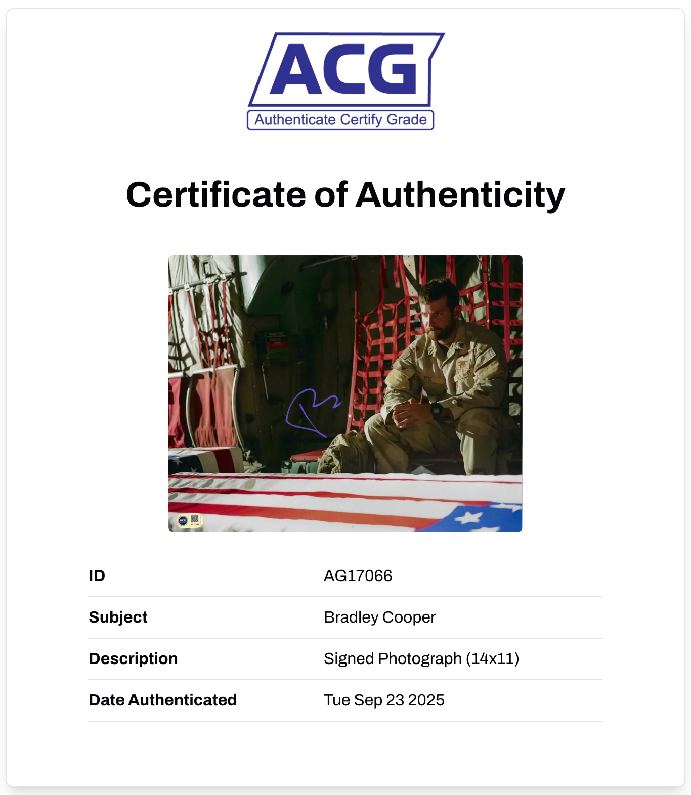 BRADLEY COOPER SIGNED 14x11 PHOTOGRAPH AMERCAN SNIPER (ACG CERT AG17066)