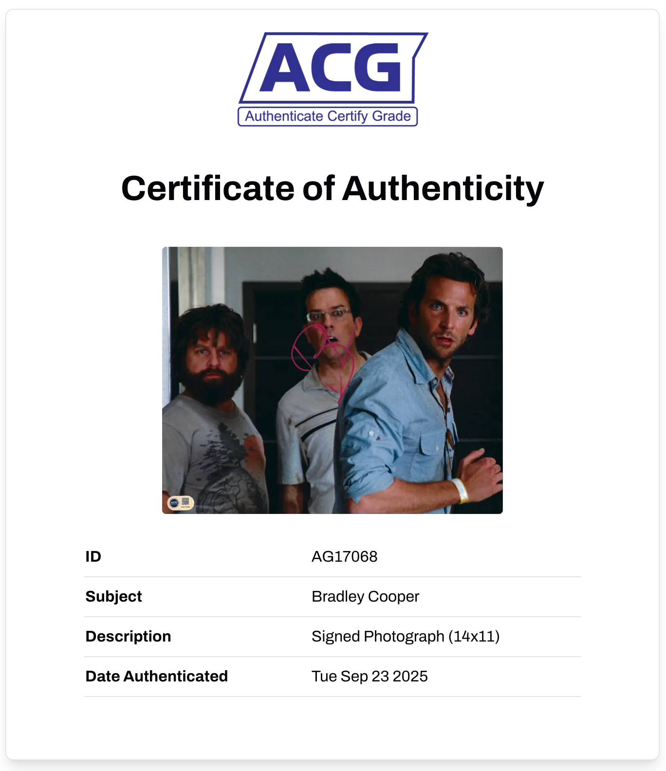 BRADLEY COOPER SIGNED 14x11 PHOTOGRAPH PHIL THE HANGOVER (ACG CERT AG17068)