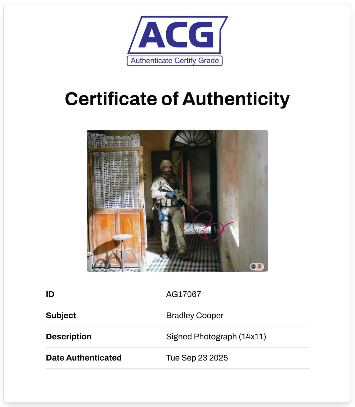 BRADLEY COOPER SIGNED 14x11 PHOTO AMERCAN SNIPER (ACG AG17067)