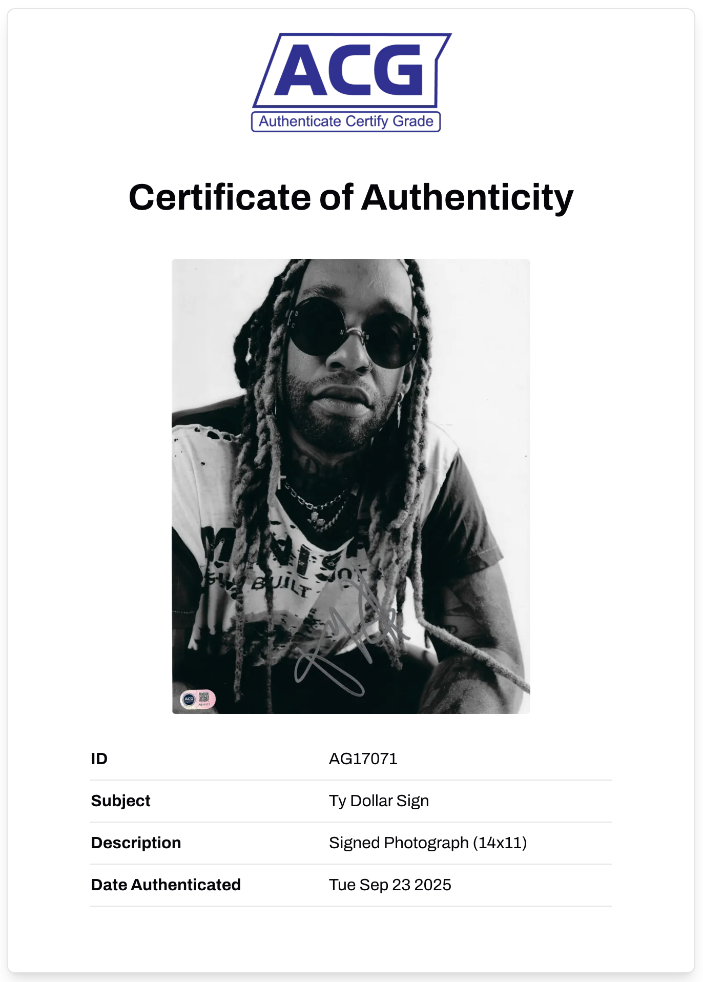 TY DOLLA $IGN SIGNED 14X11 PHOTOGRAPH RAPPER VULTURES (ACG CERT AG17070)