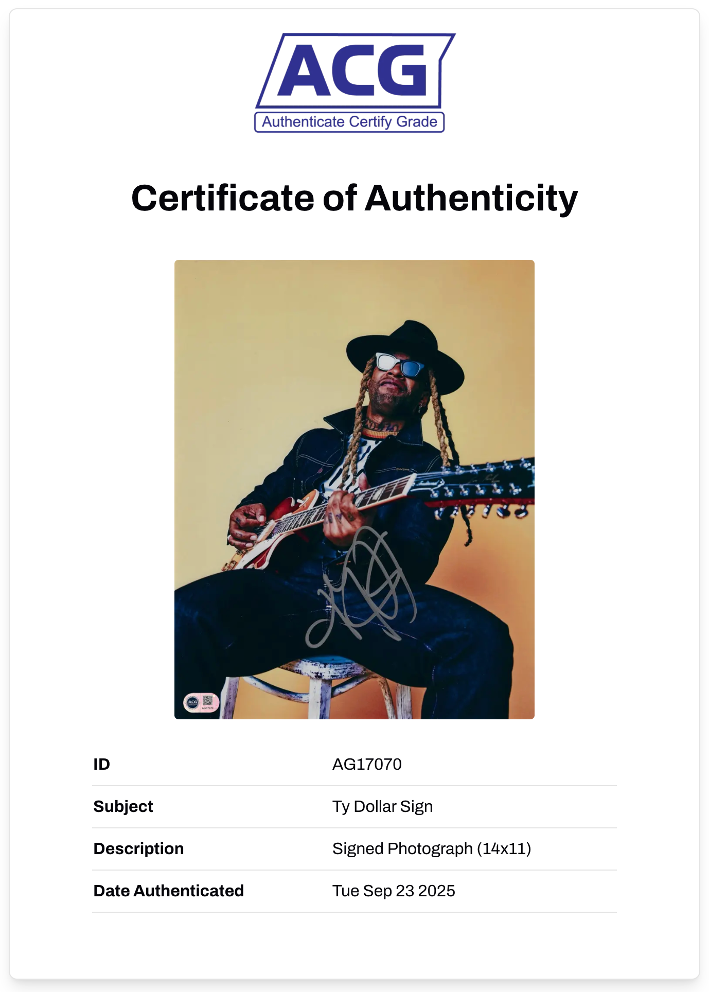 TY DOLLA $IGN SIGNED 14X11 PHOTOGRAPH RAPPER RNB VULTURES 2 (ACG CERT AG17070)