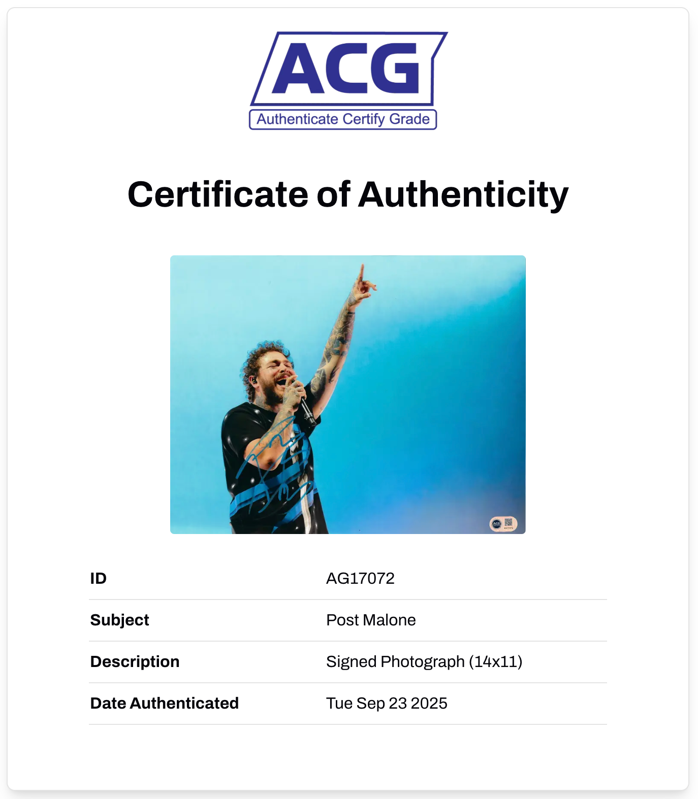 POST MALONE SIGNED 14x11 PHOTO HOLLYWOOD’S BLEEDING (ACG CERT AG17072)