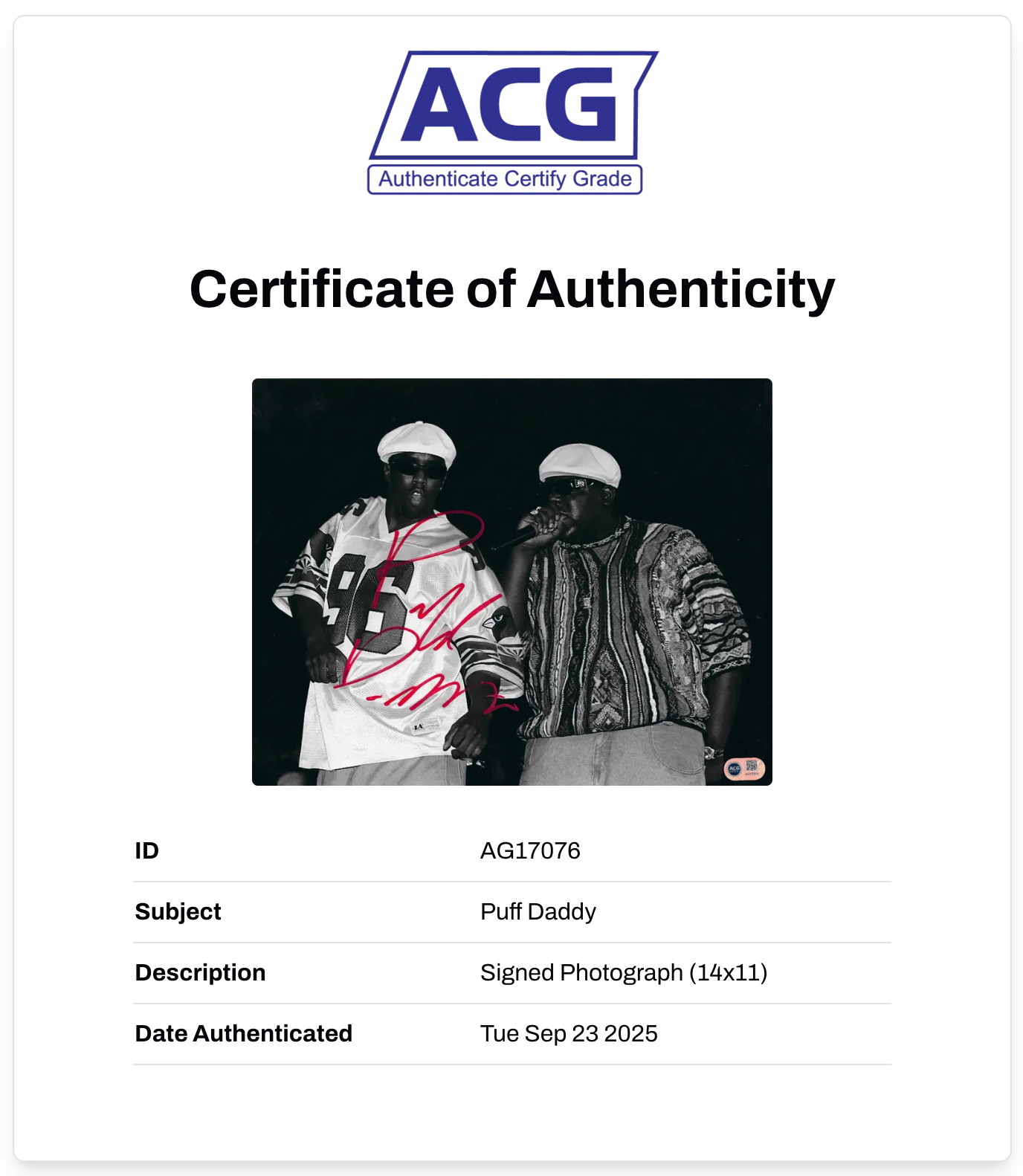 PUFF DADDY DIDDY SIGNED 14x11 PHOTO BAD BOY NOTORIOUS BIG (ACG CERT AG17076)