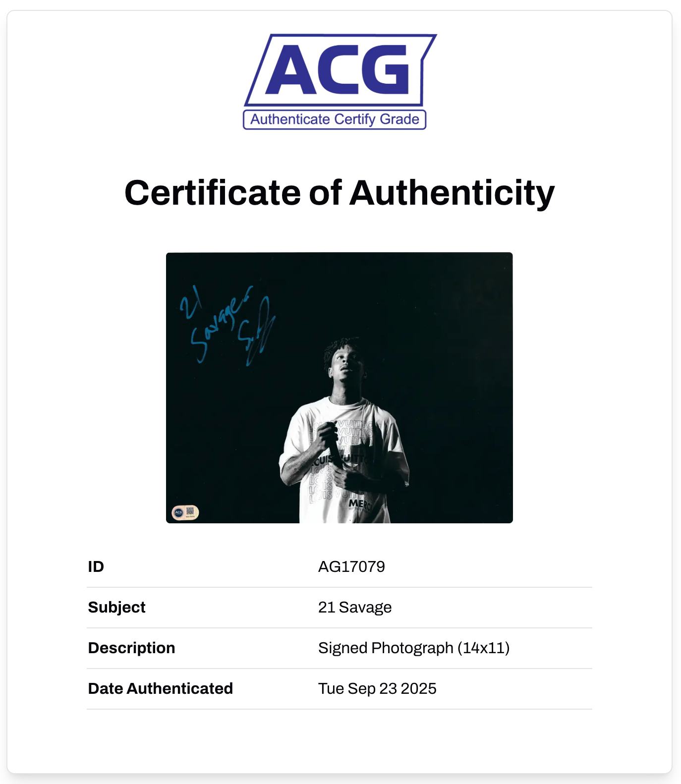 21 SAVAGE SIGNED 14x11 PHOTO RAPPER AMERICAN DREAM (ACG CERT AG17079)