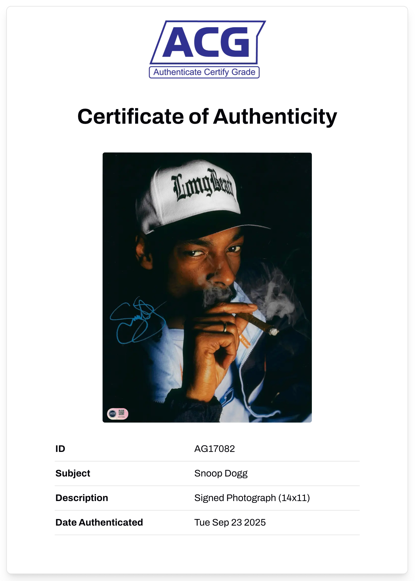 SNOOP DOGGY DOGG SIGNED 14X11 DEATH ROW RECORDS PHOTO (ACG CERT AG17082)