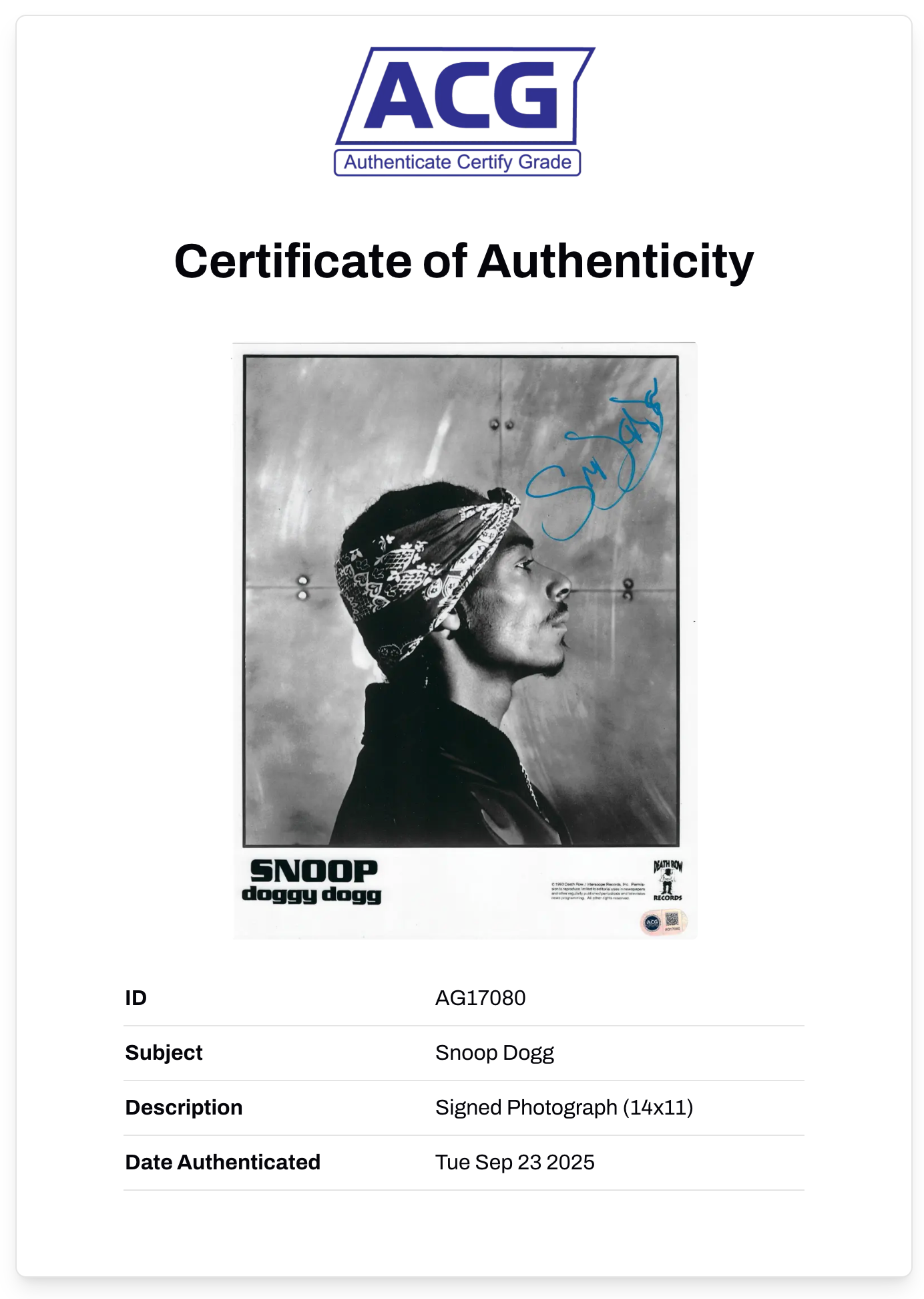 SNOOP DOGGY DOGG SIGNED 14X11 DEATH ROW PROMO PHOTO (ACG CERT AG17080)