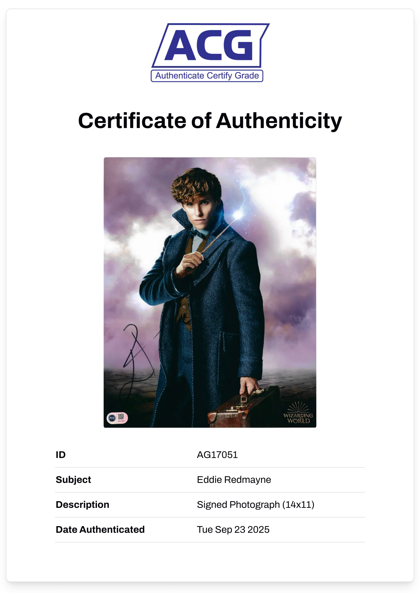 EDDIE REDMAYNE SIGNED WIZARDING WORLD 14x11 PHOTO (ACG CERT AG17051)
