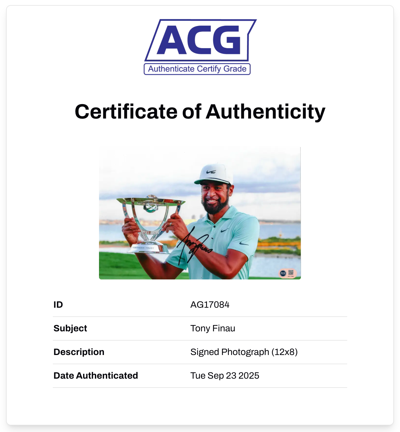 TONY FINAU SIGNED 12X8 GOLF NORTHERN TRUST TROPHY PHOTO (ACG CERT AG17084)