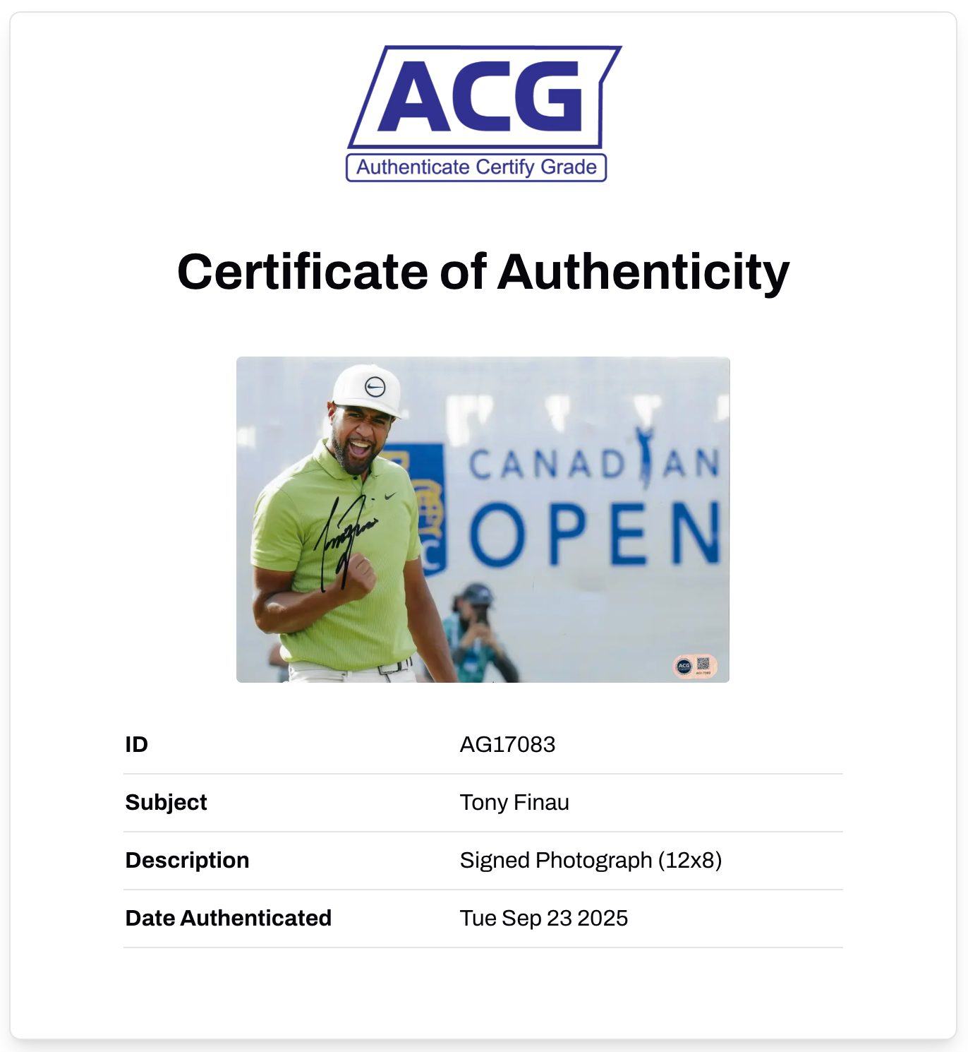 TONY FINAU SIGNED 12X8 PGA GOLF PHOTO (ACG CERT AG17083)