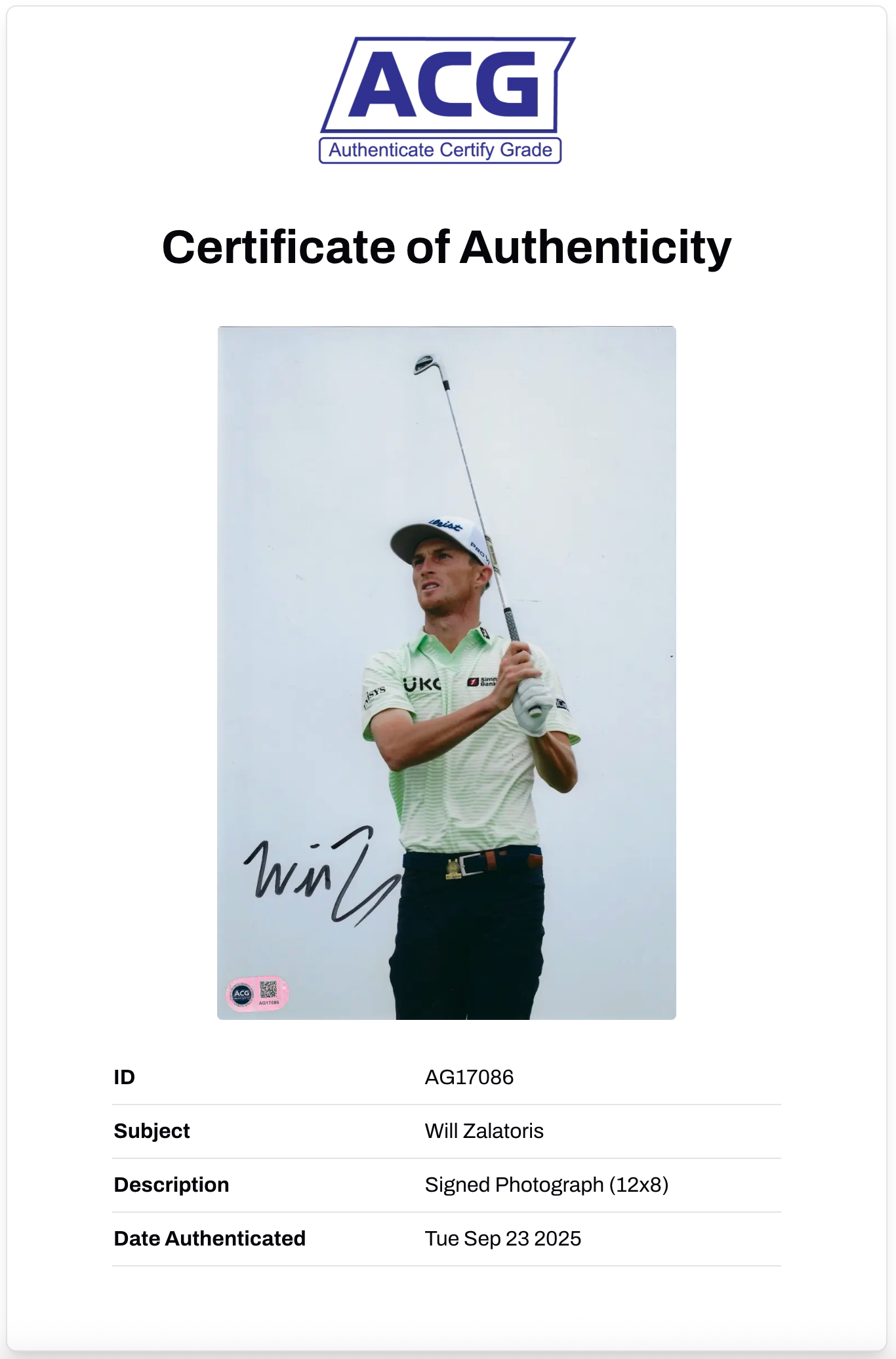 WILL ZALATORIS SIGNED 12X8 PGA TOUR GOLF PHOTO (ACG CERT AG17086)