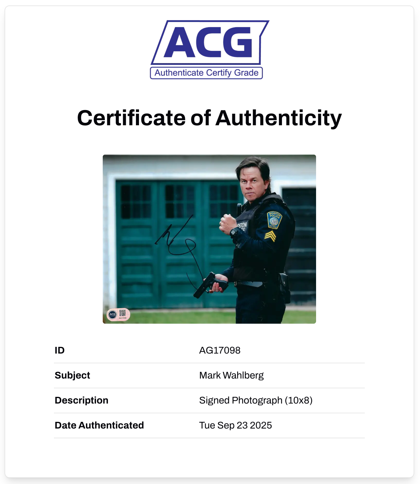 MARK WAHLBERG SIGNED PATRIOTS DAY 10X8 PHOTO (ACG CERT AG17098)