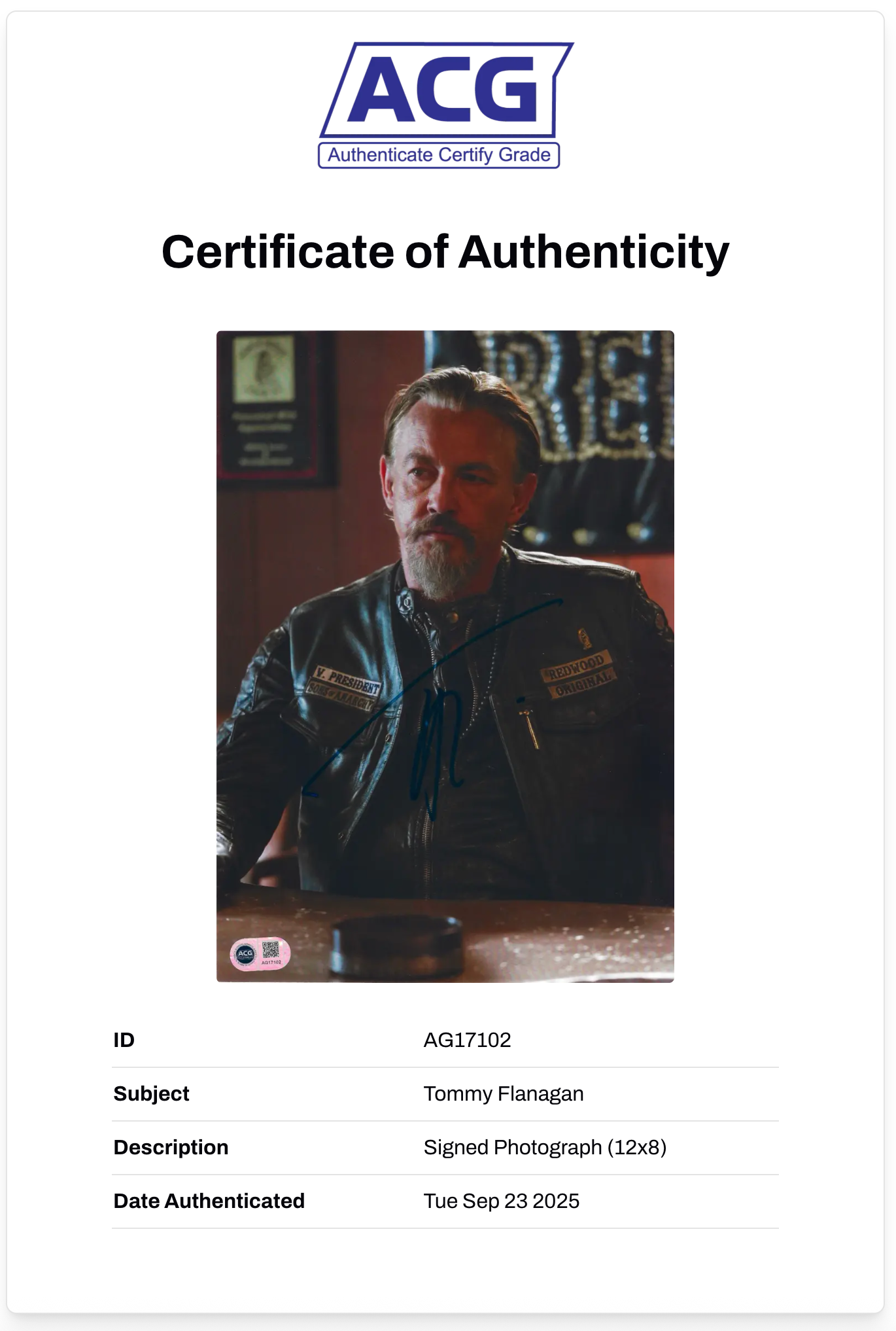 TOMMY FLANAGAN SIGNED CHIBS SONS OF ANARCHY 12x8 PHOTO (ACG CERT AG17102)