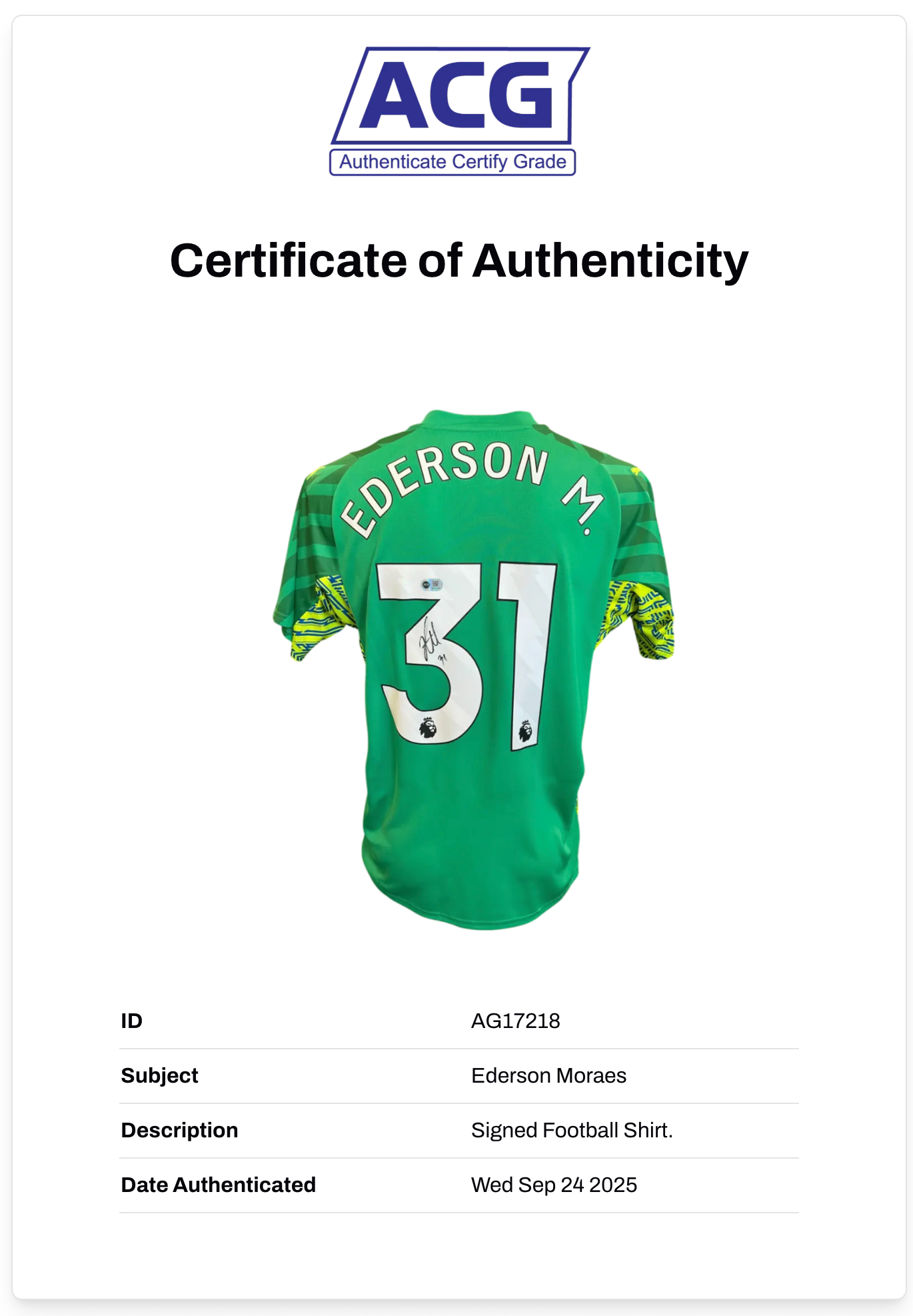 EDERSON MORAES SIGNED 2024/25 MANCHESTER CITY GK SHIRT (ACG CERT AG17218)