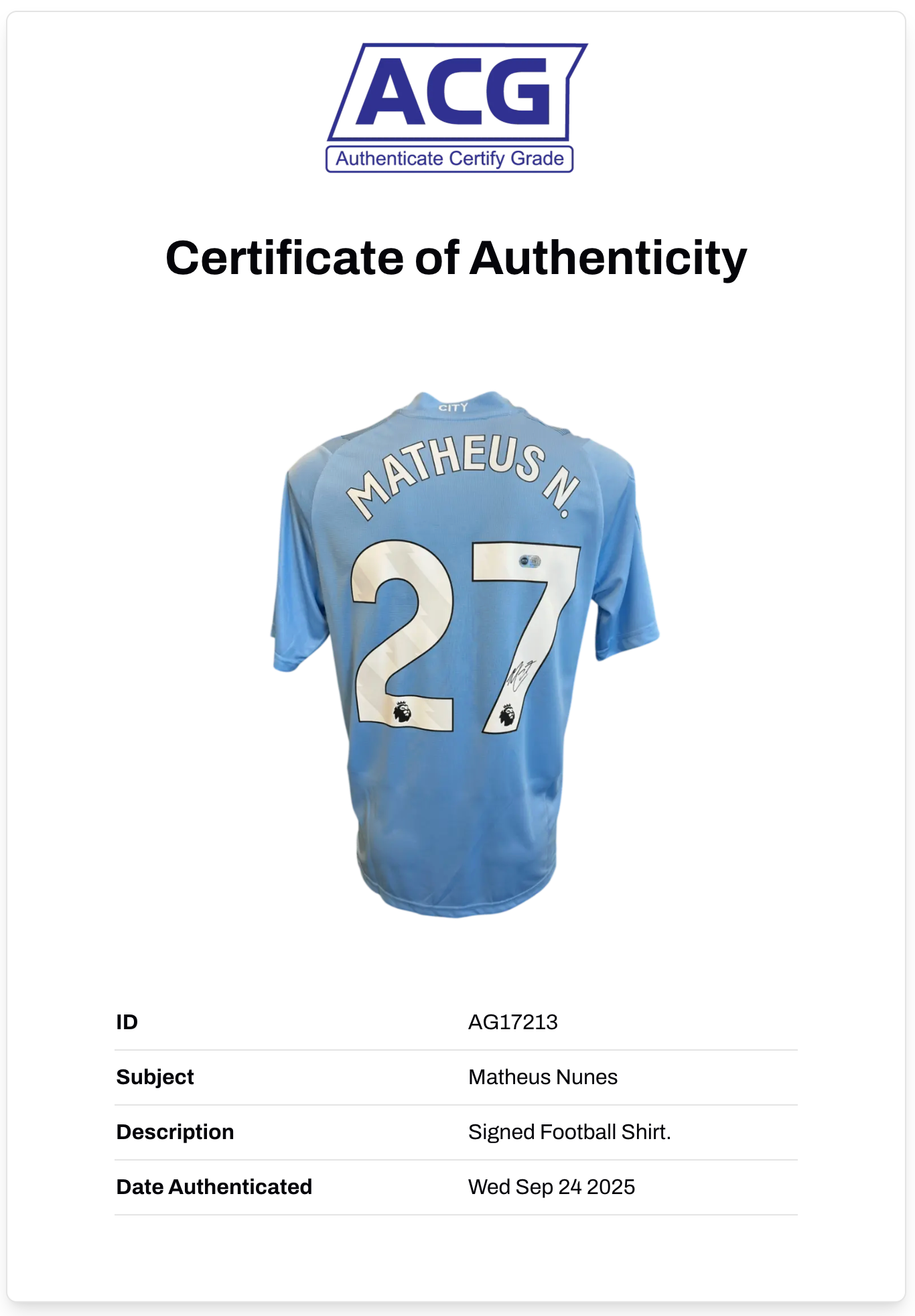 MATHEUS NUNES SIGNED 2023/24 MANCHESTER CITY HOME SHIRT (ACG CERT AG17213)