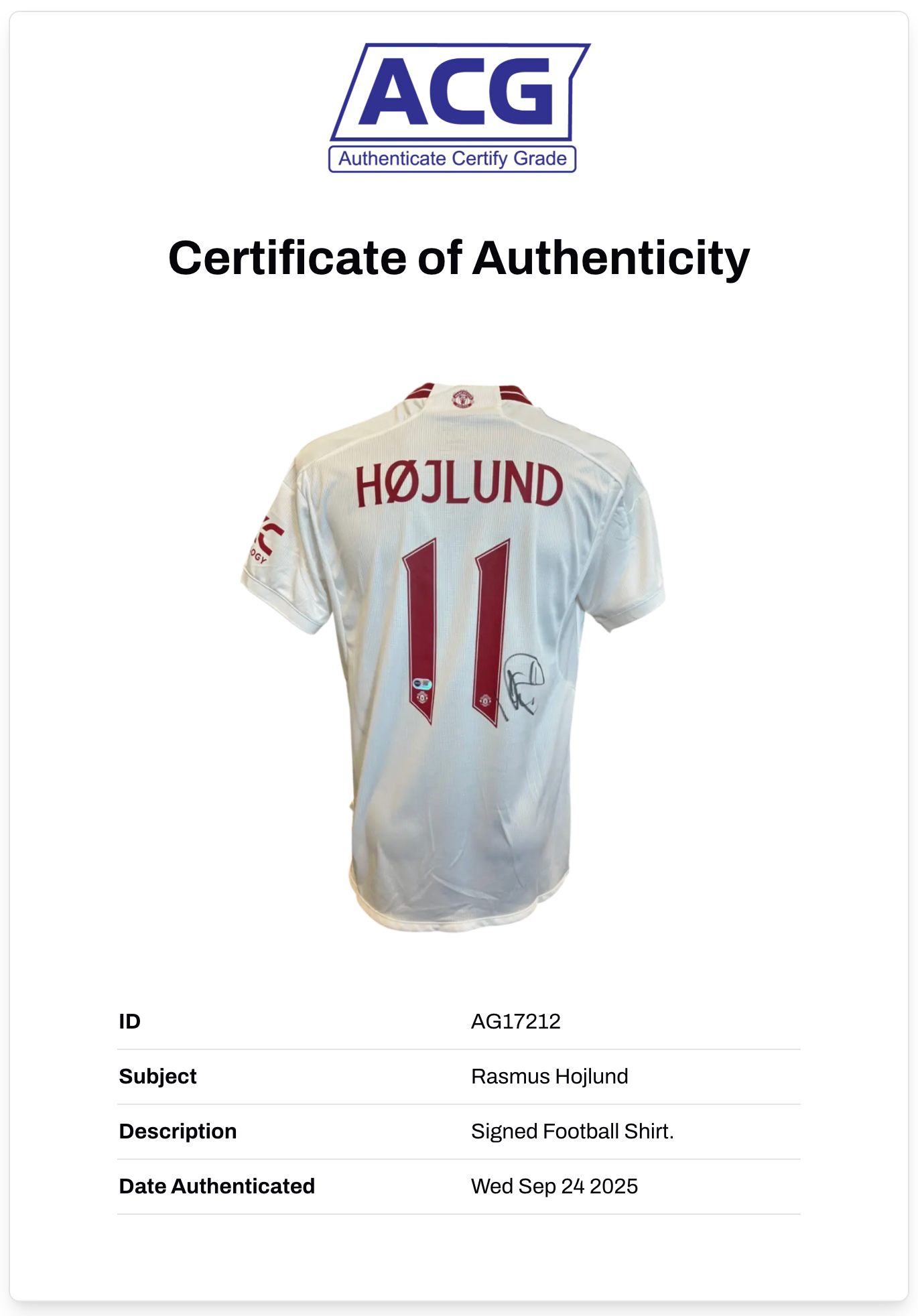 RASMUS HOJLUND SIGNED 2023/24 MANCHESTER UTD AWAY SHIRT (ACG CERT AG17212)