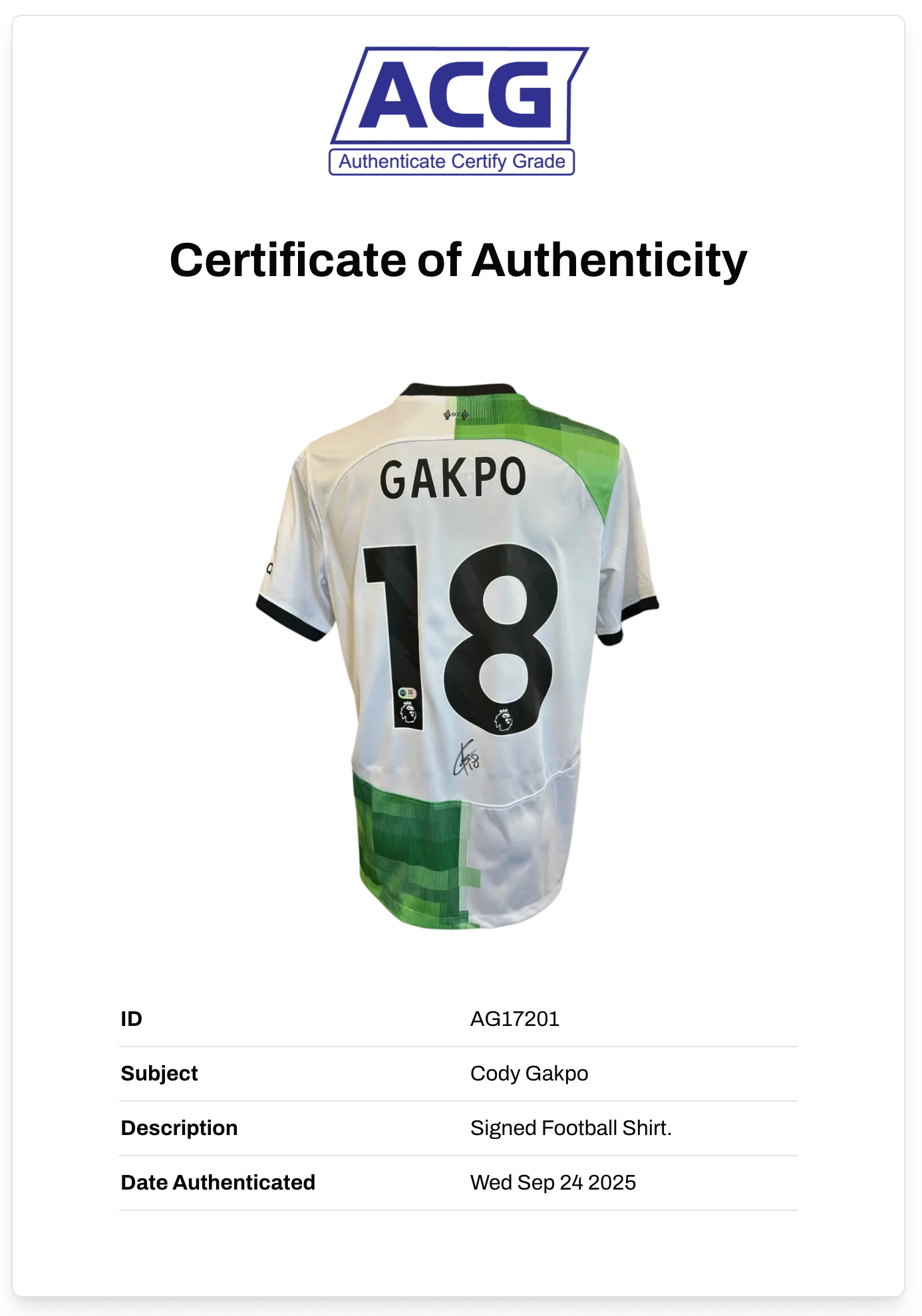 CODY GAKPO SIGNED 2023/24 LIVERPOOL FC AWAY SHIRT (ACG CERT AG17201)