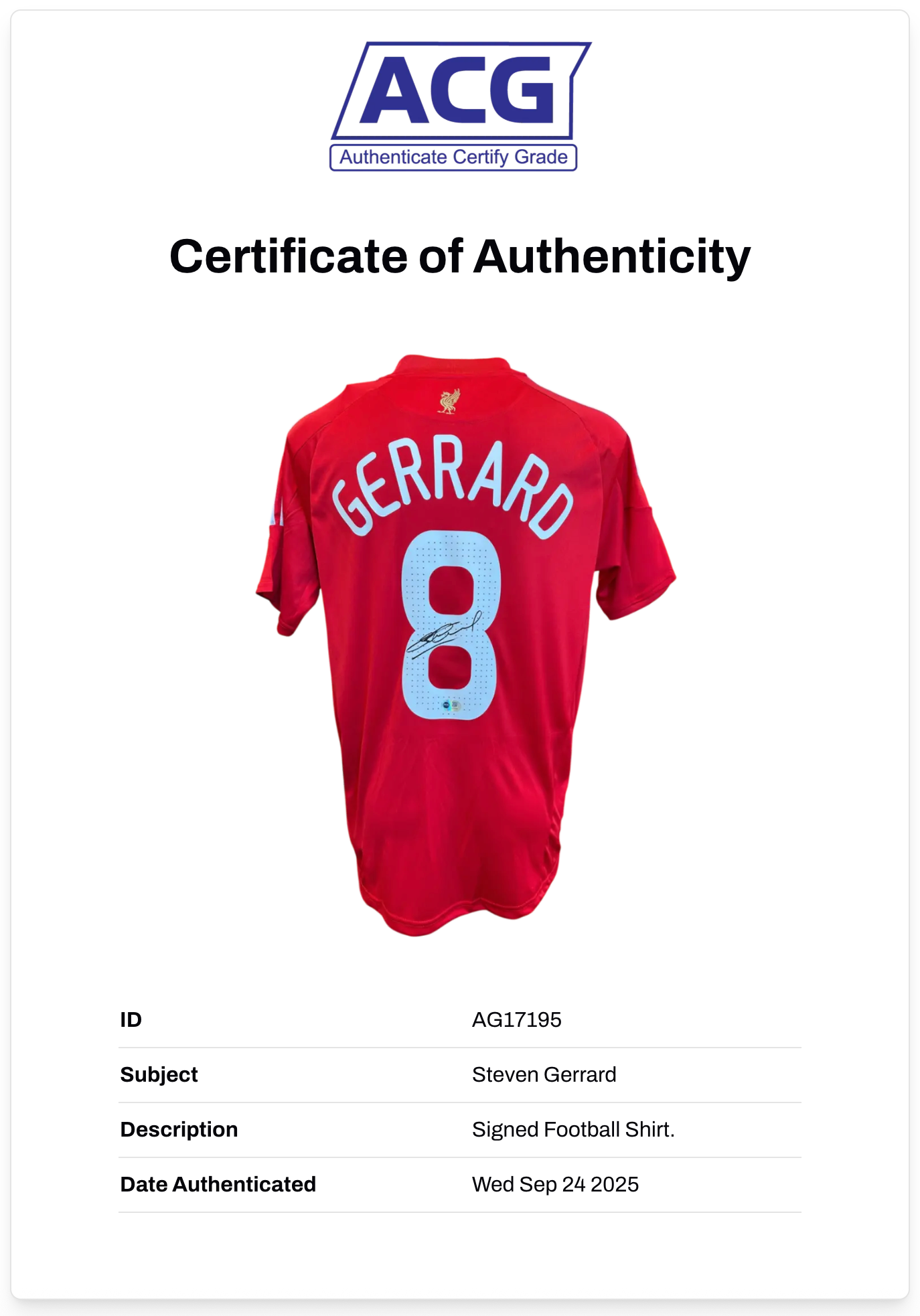 STEVEN GERRARD SIGNED LIVERPOOL FC 2008/10 HOME SHIRT (ACG CERT AG17195)