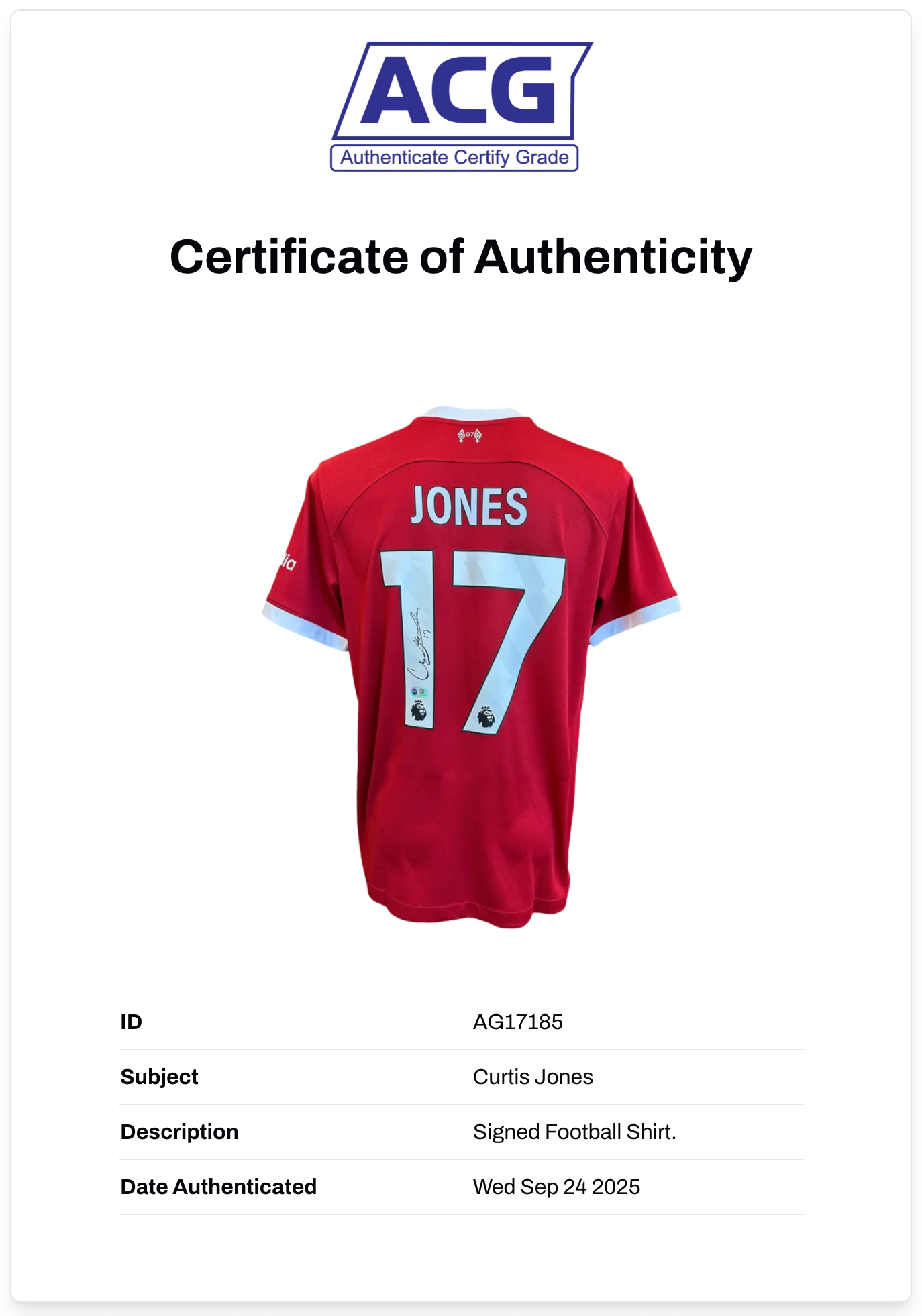 CURTIS JONES SIGNED 2023/24 LIVERPOOL FC HOME SHIRT (ACG CERT AG17185)
