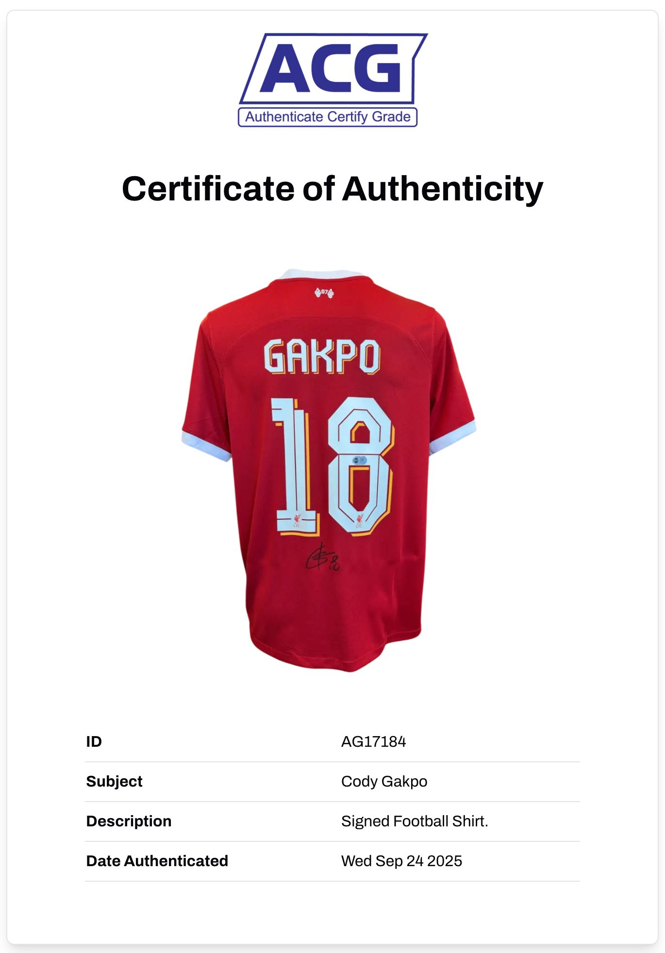 CODY GAKPO SIGNED 2023/24 LIVERPOOL FC HOME SHIRT (ACG CERT AG17184)