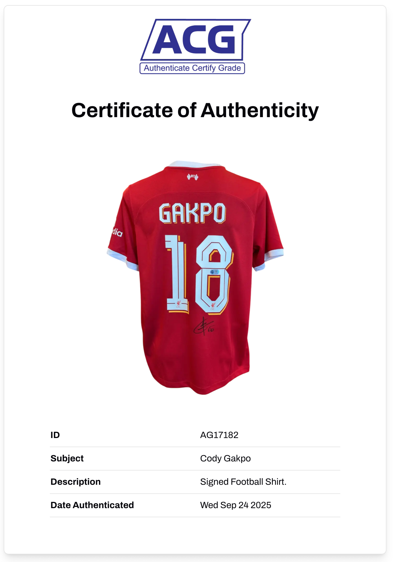 CODY GAKPO SIGNED 2023/24 LIVERPOOL FC HOME SHIRT (ACG CERT AG17182)