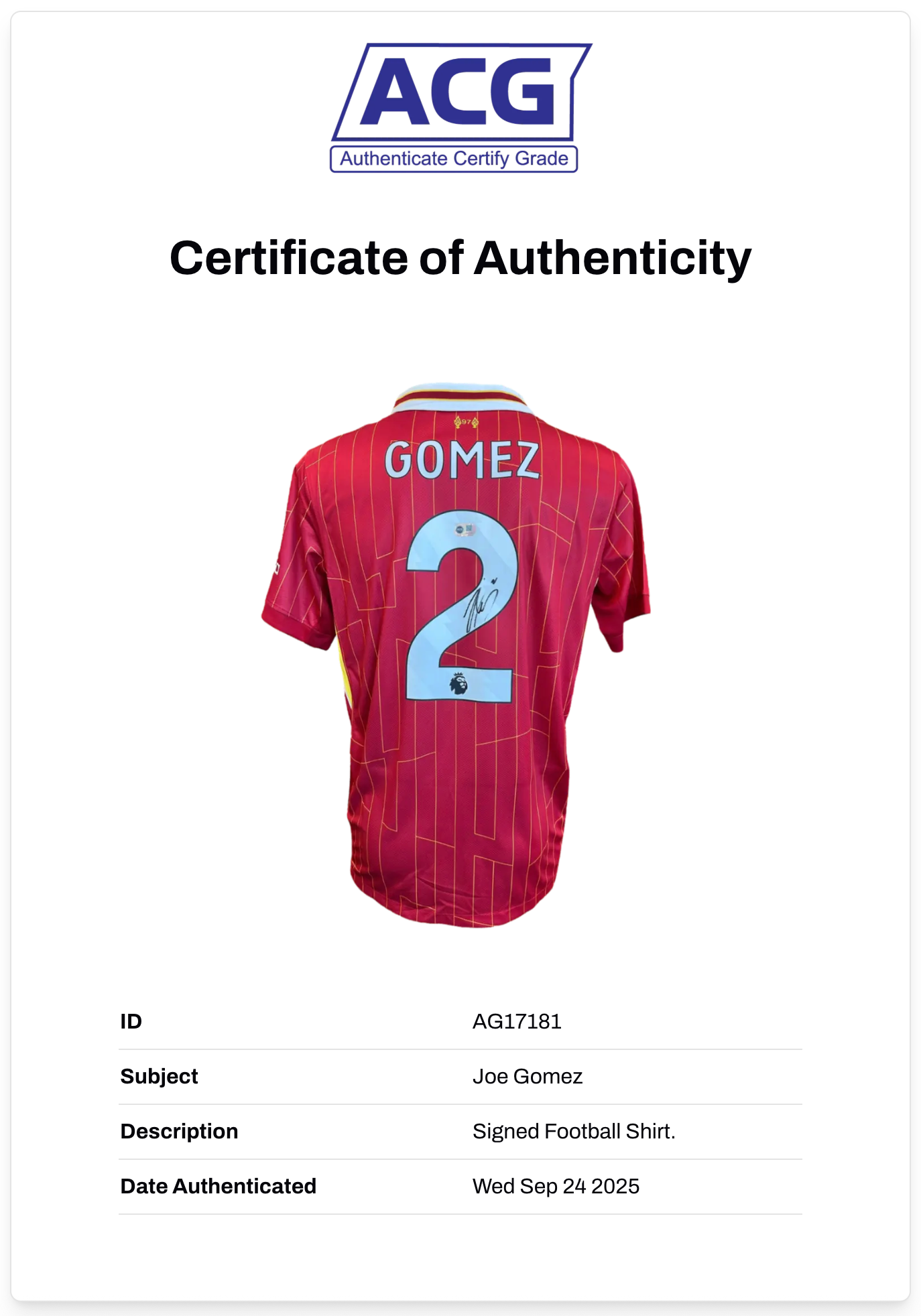 JOE GOMEZ SIGNED 2024/25 LIVERPOOL FC HOME SHIRT GOMEZ (ACG CERT AG17181)