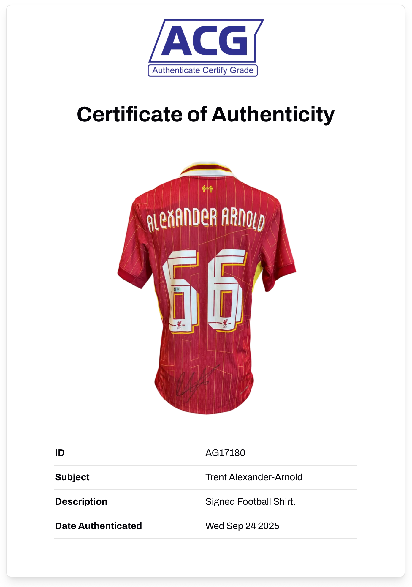 TRENT ALEXANDER-ARNOLD SIGNED LIVERPOOL FC 2024/25 HOME SHIRT (ACG CERT AG17180)