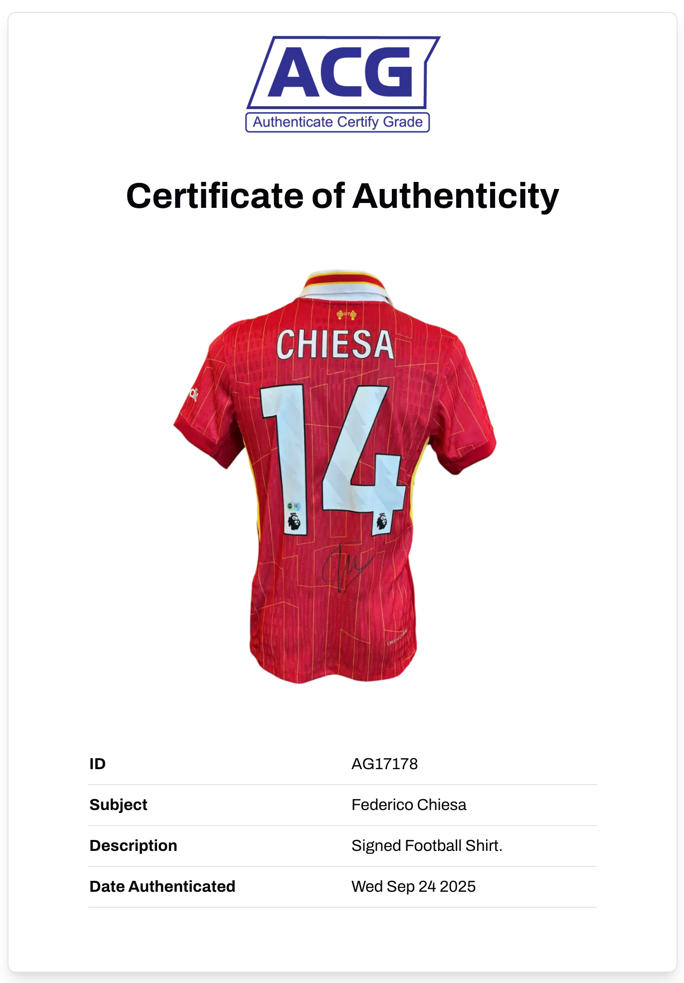 FEDERICO CHIESA SIGNED 2024/25 LIVERPOOL FC HOME SHIRT (ACG CERT AG17178)