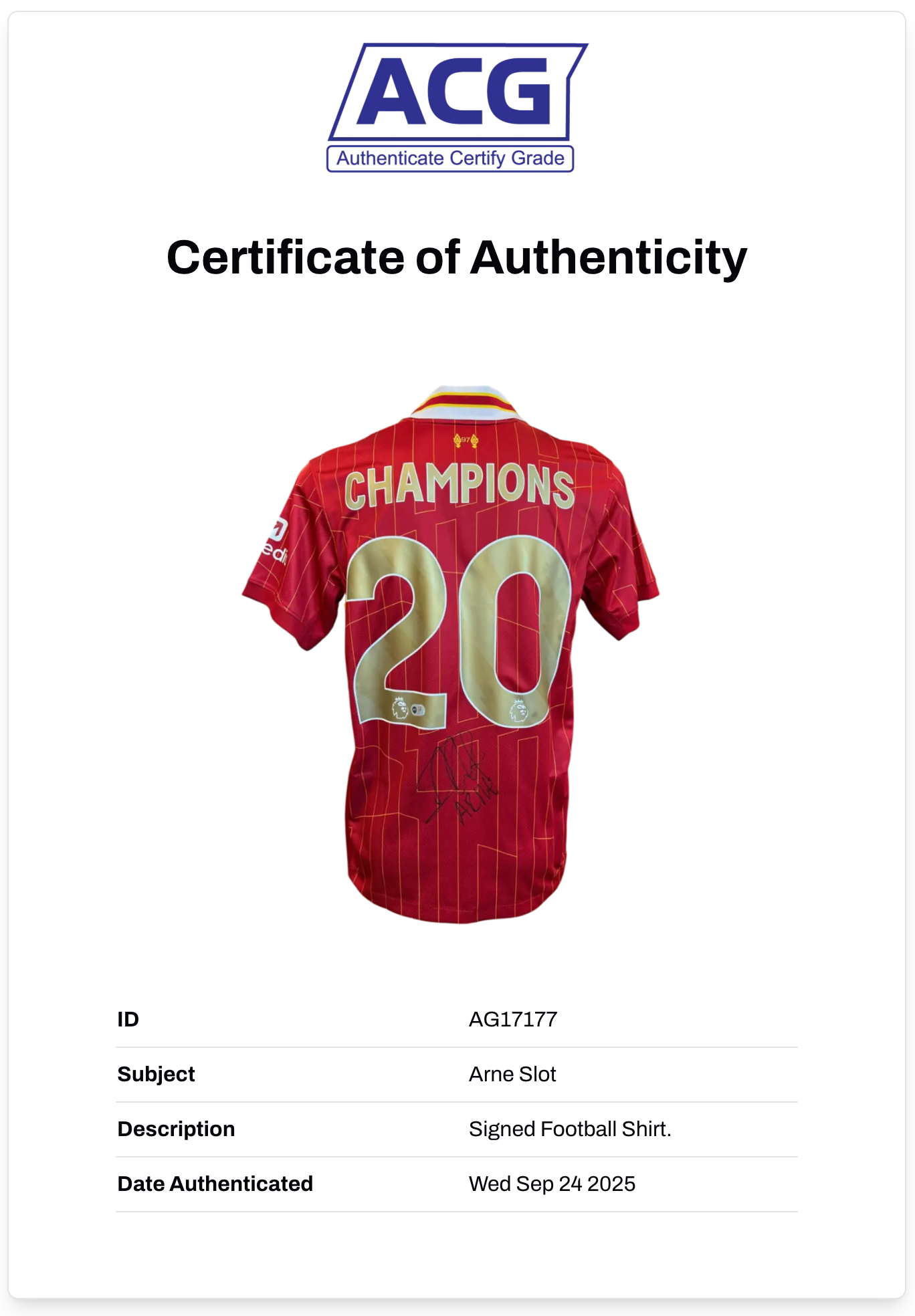 ARNE SLOT SIGNED LIVERPOOL FC 24/25 PL CHAMPIONS GOLD SHIRT (ACG CERT AG17177)