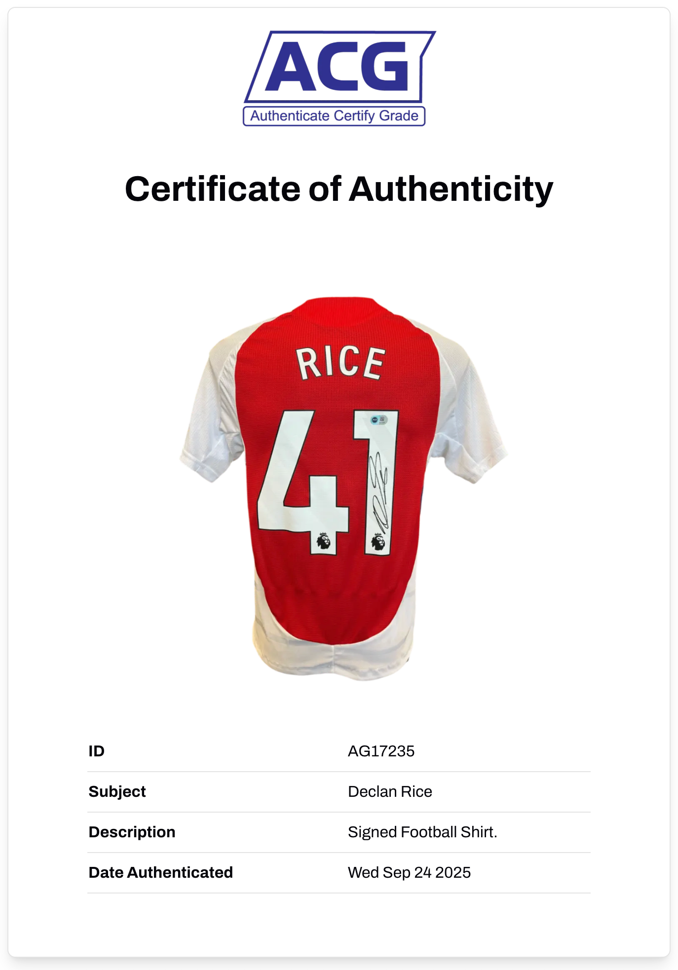 DECLAN RICE SIGNED 2024/25 ARSENAL FC HOME PLAYER VERSION SHIRT (ACG CERT AG17235)