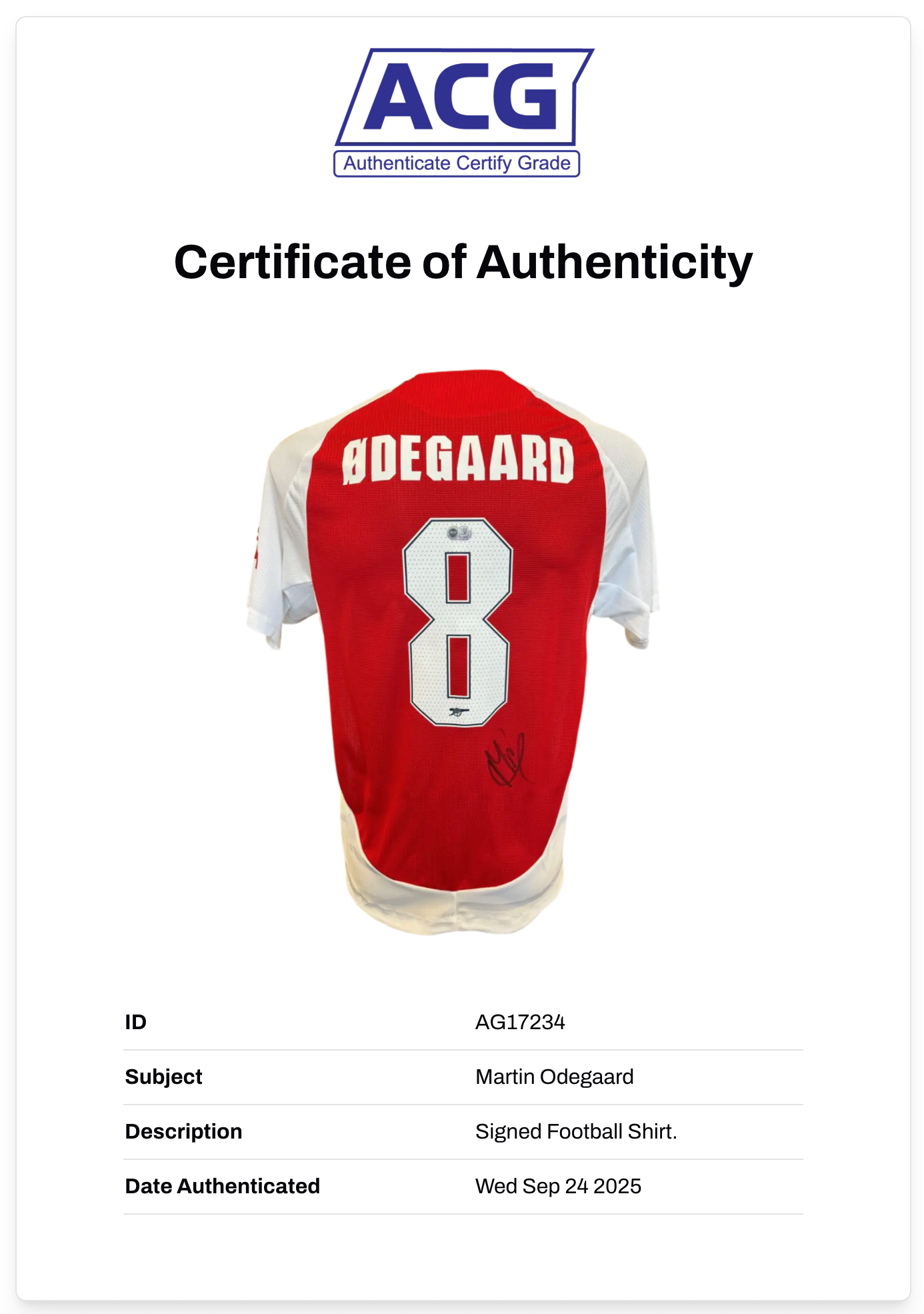 MARTIN ODEGAARD SIGNED ARSENAL FC 2024/25 HOME UCL SHIRT (ACG CERT AG17234)