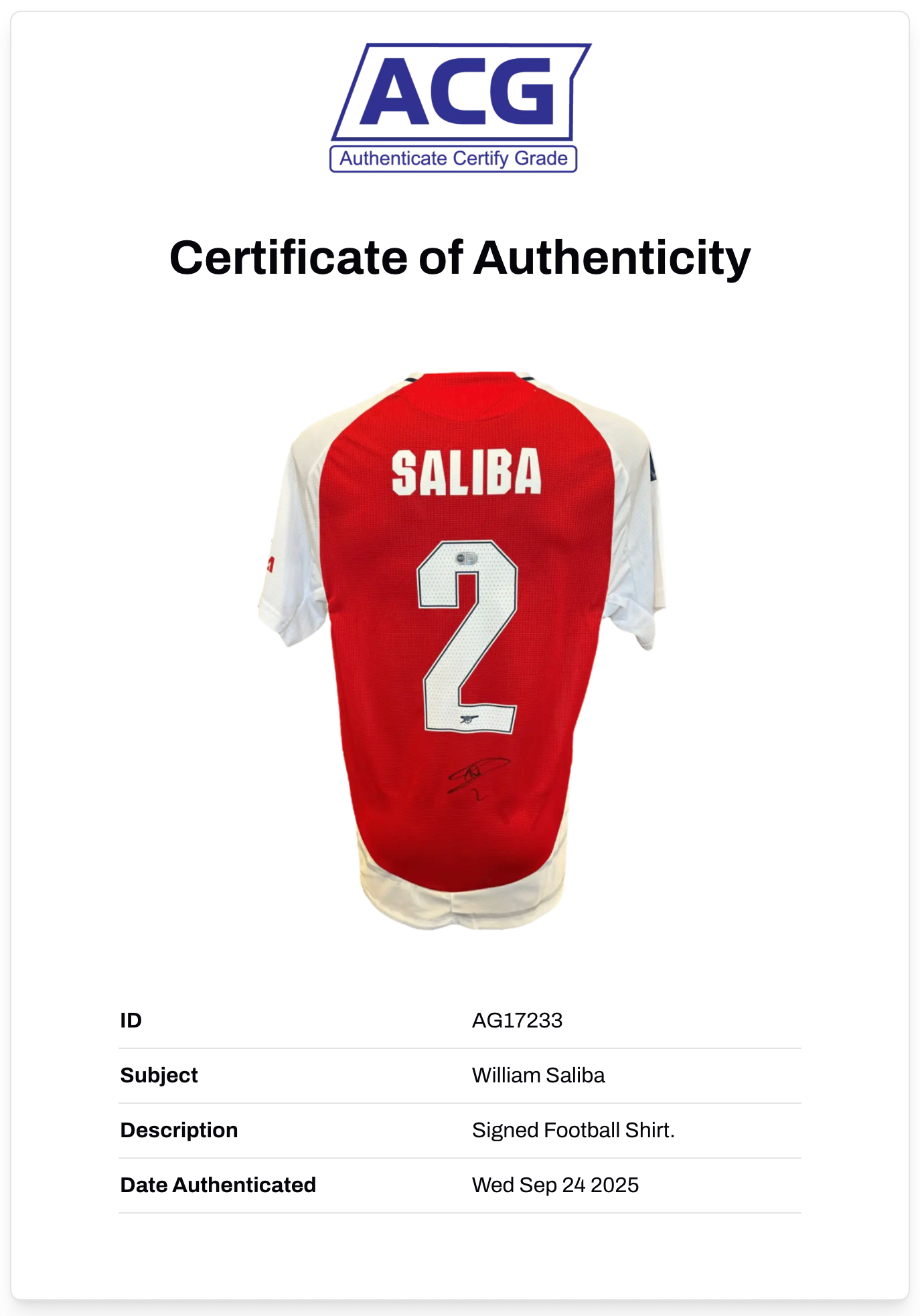 WILLIAM SALIBA SIGNED ARSENAL FC 2024/25 HOME UCL PLAYER SHIRT (ACG CERT AG17233)