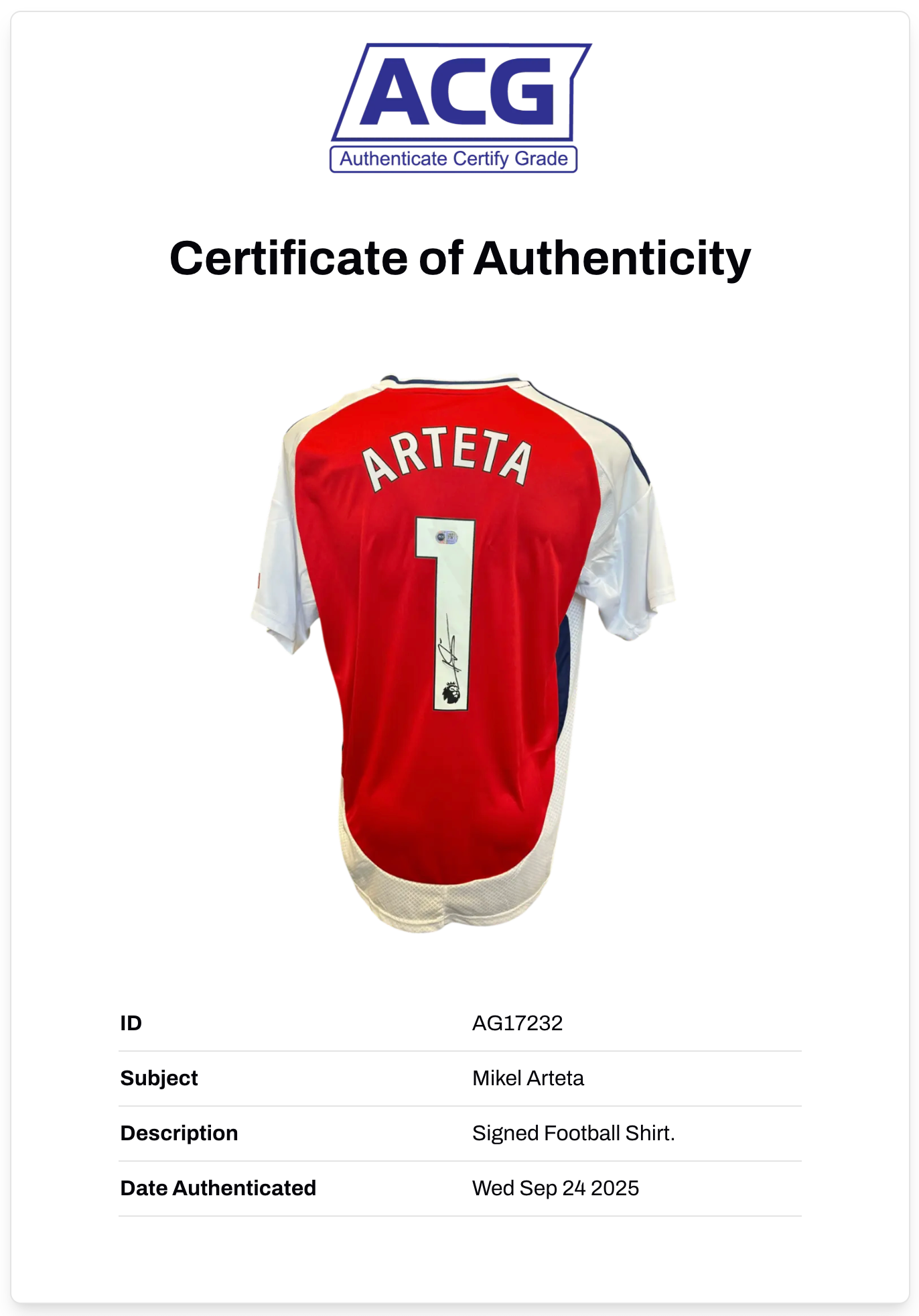 MIKEL ARTETA SIGNED ARSENAL FC 2024/25 HOME SHIRT ARTETA 1 (ACG CERT AG17232)