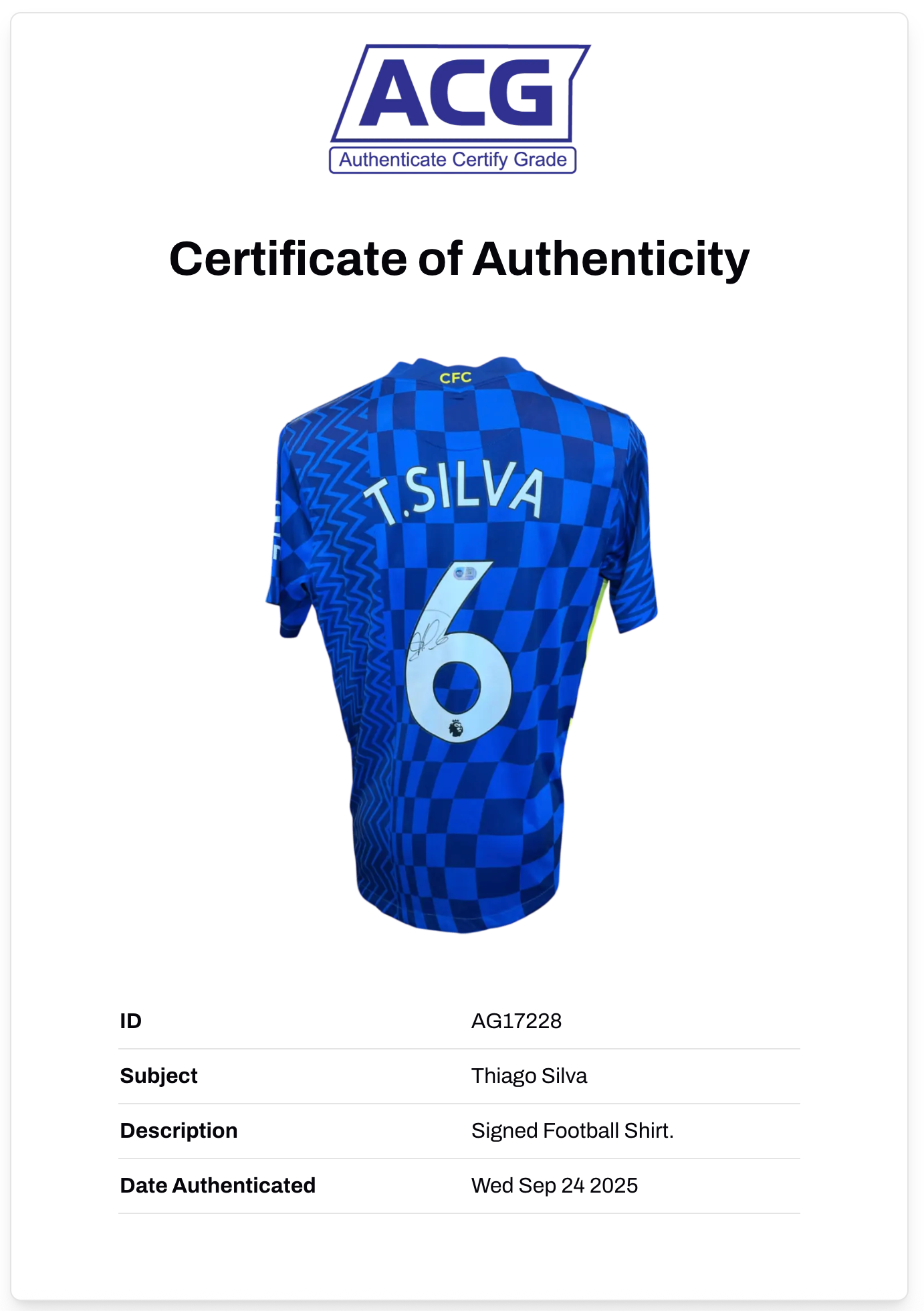 THIAGO SILVA SIGNED CHELSEA FC 2022/23 HOME SHIRT (ACG CERT AG17229)
