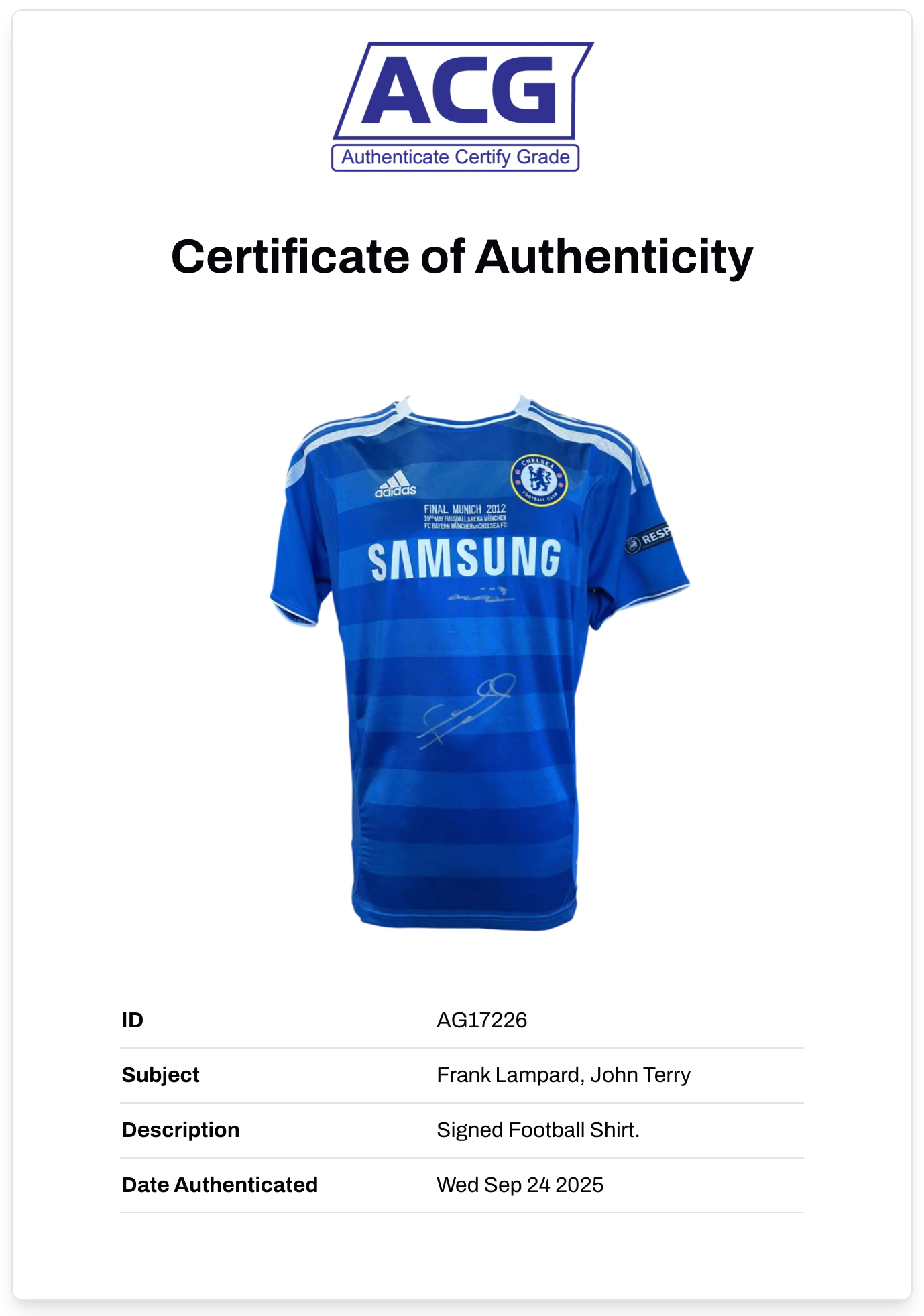 FRANK LAMPARD & JOHN TERRY SIGNED CHELSEA 2012 UCL HOME SHIRT (ACG CERT AG17226)