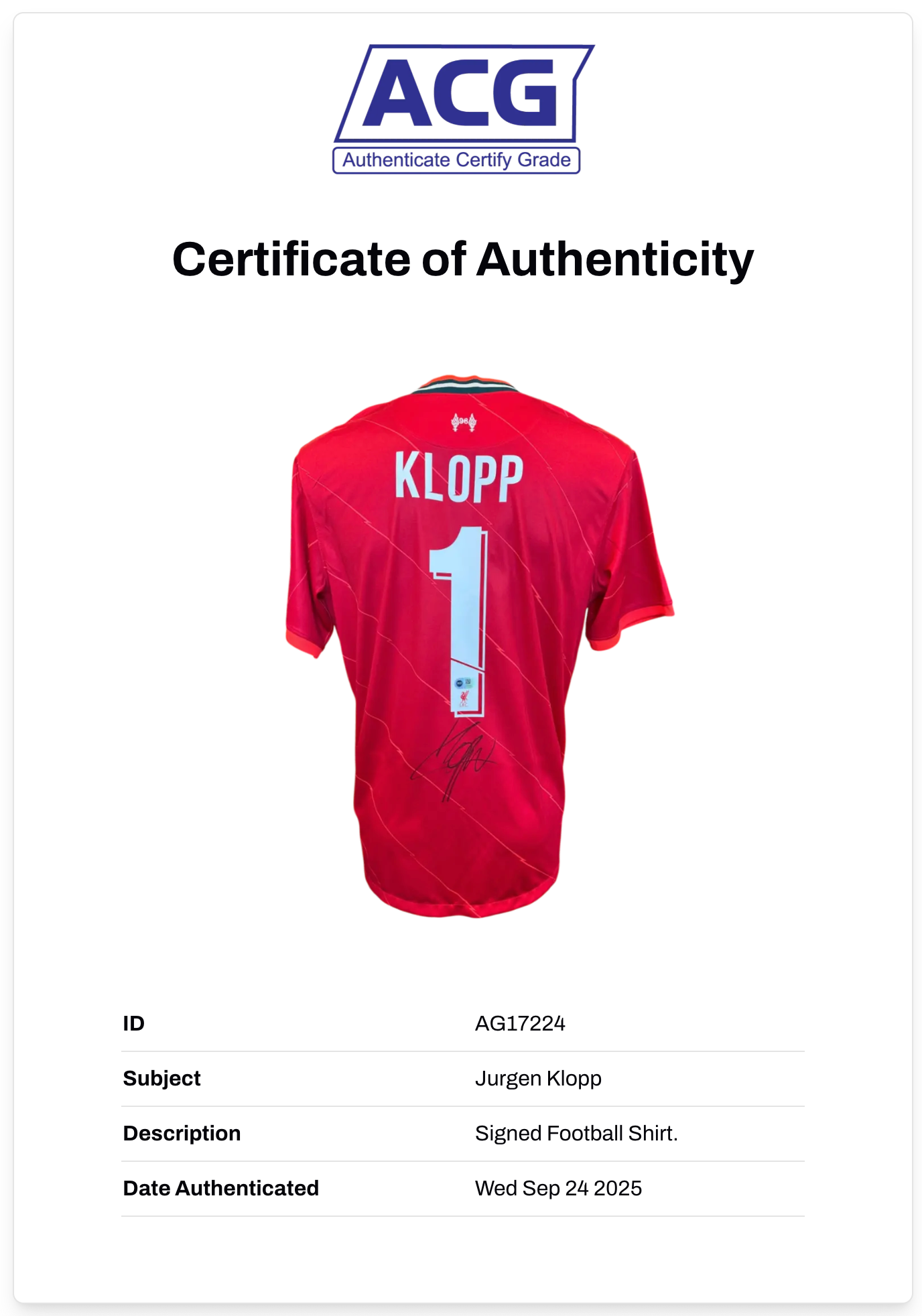JURGEN KLOPP SIGNED 2021/22 LIVERPOOL FC HOME SHIRT (ACG CERT AG17224)